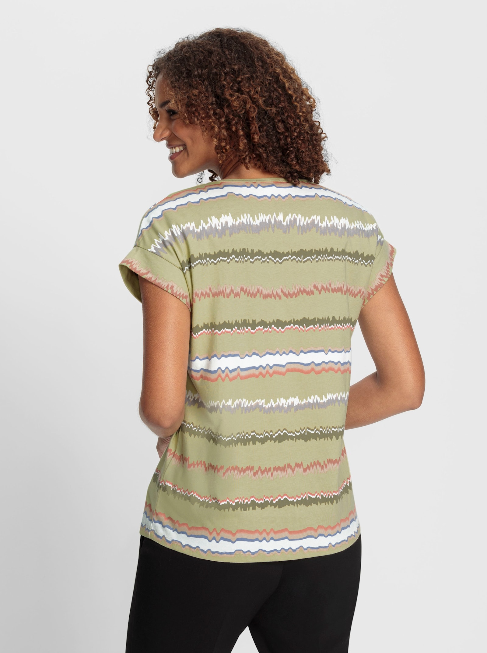 Print-Shirt mit Ziernähten, geringelt - lindgrün-ecru-bedruckt