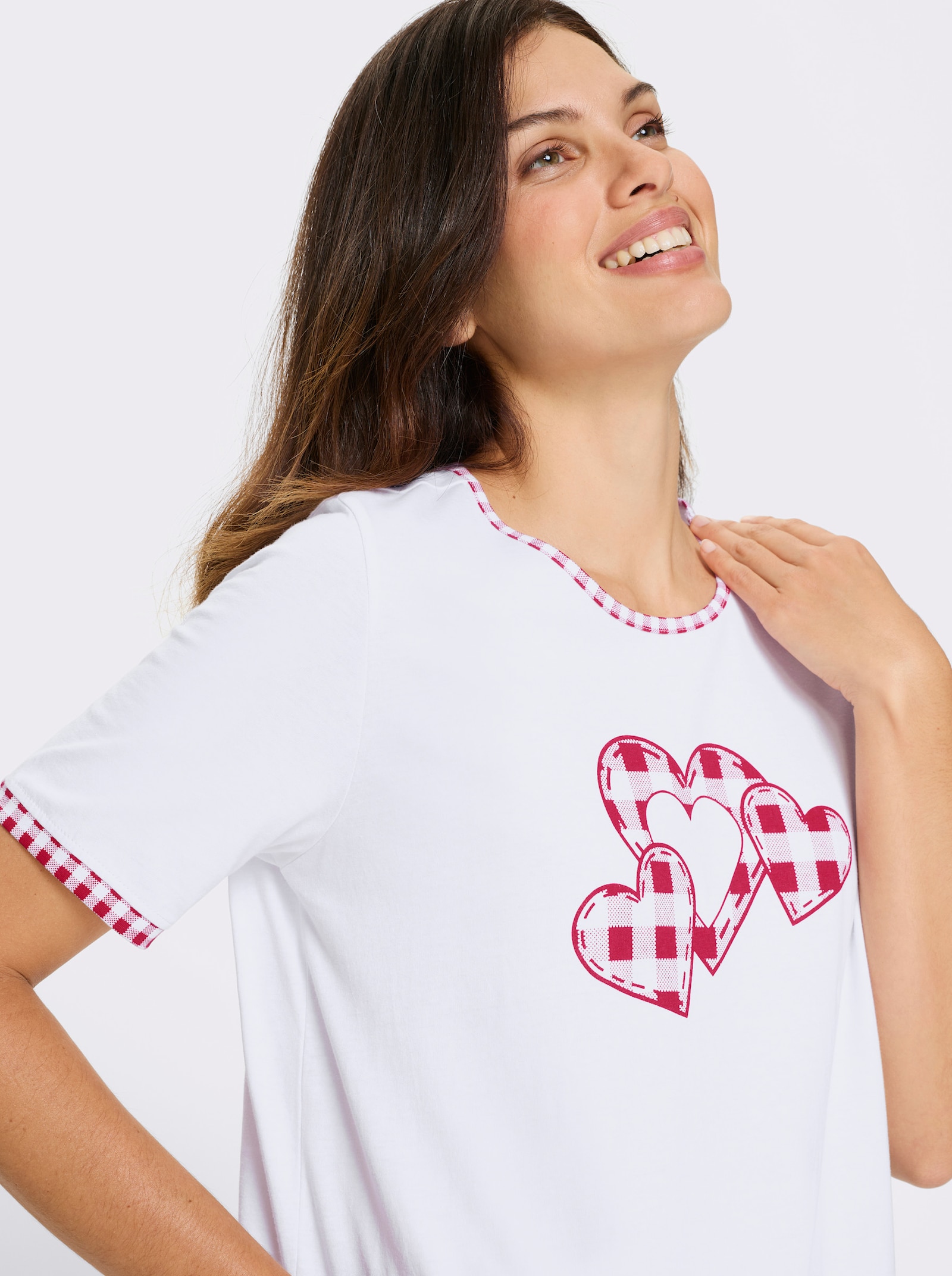 Longshirt mit Herzchen-Motiv - weiss-rot