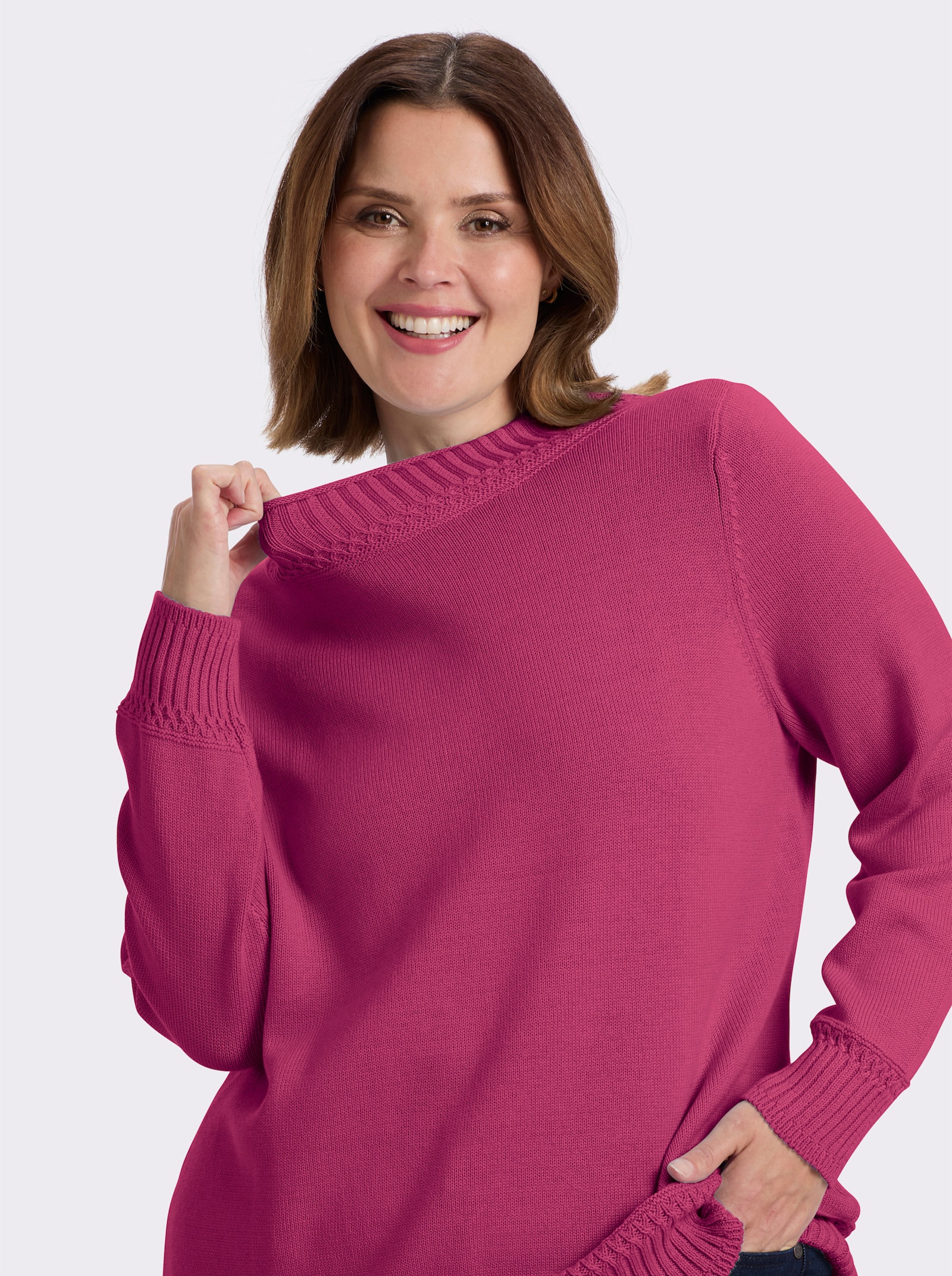 Stehkragenpullover mit Ripp-Abschlüssen - fuchsia