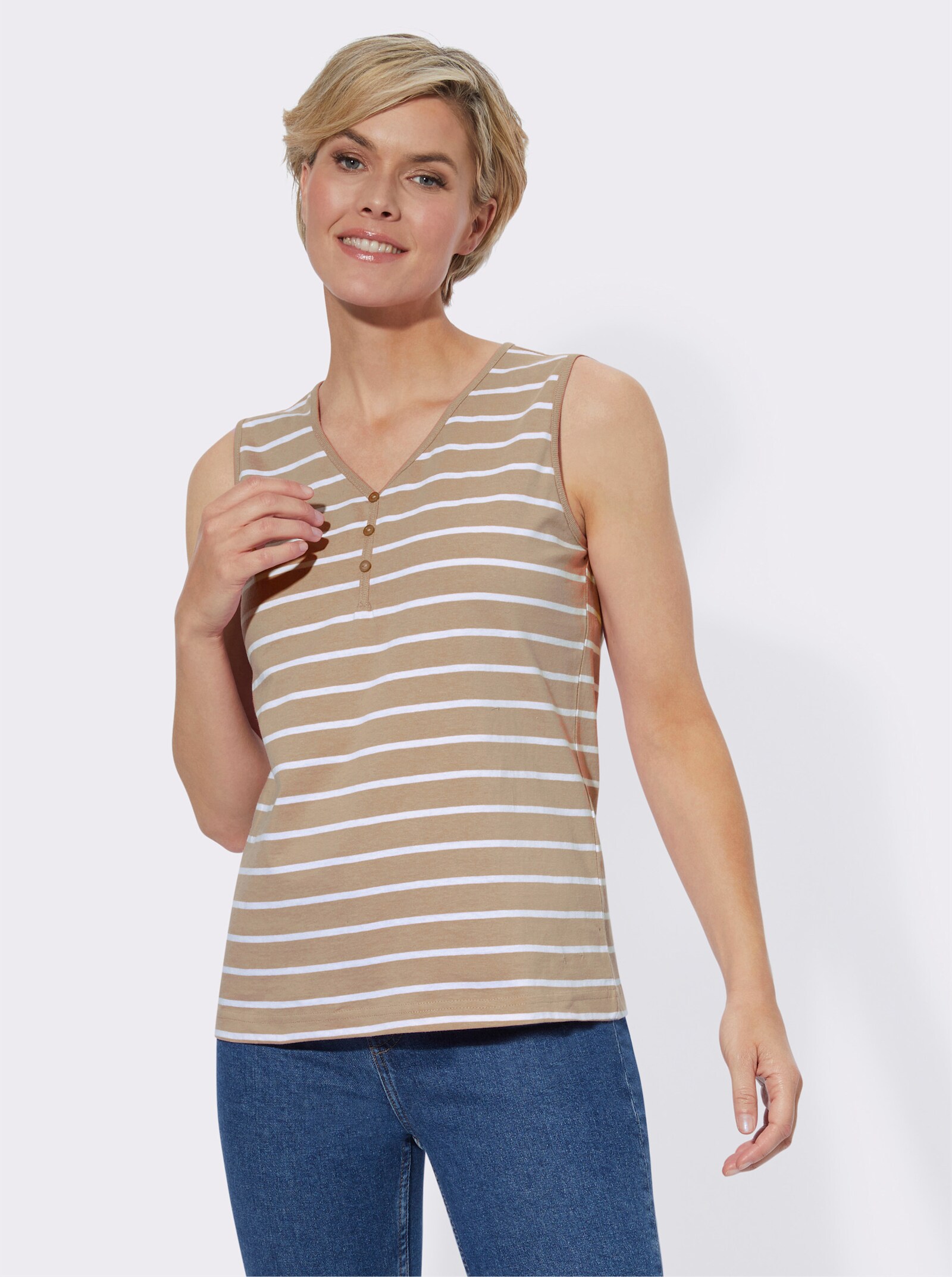 Shirttop mit garngefärbtem Ringel - beige-weiß-geringelt