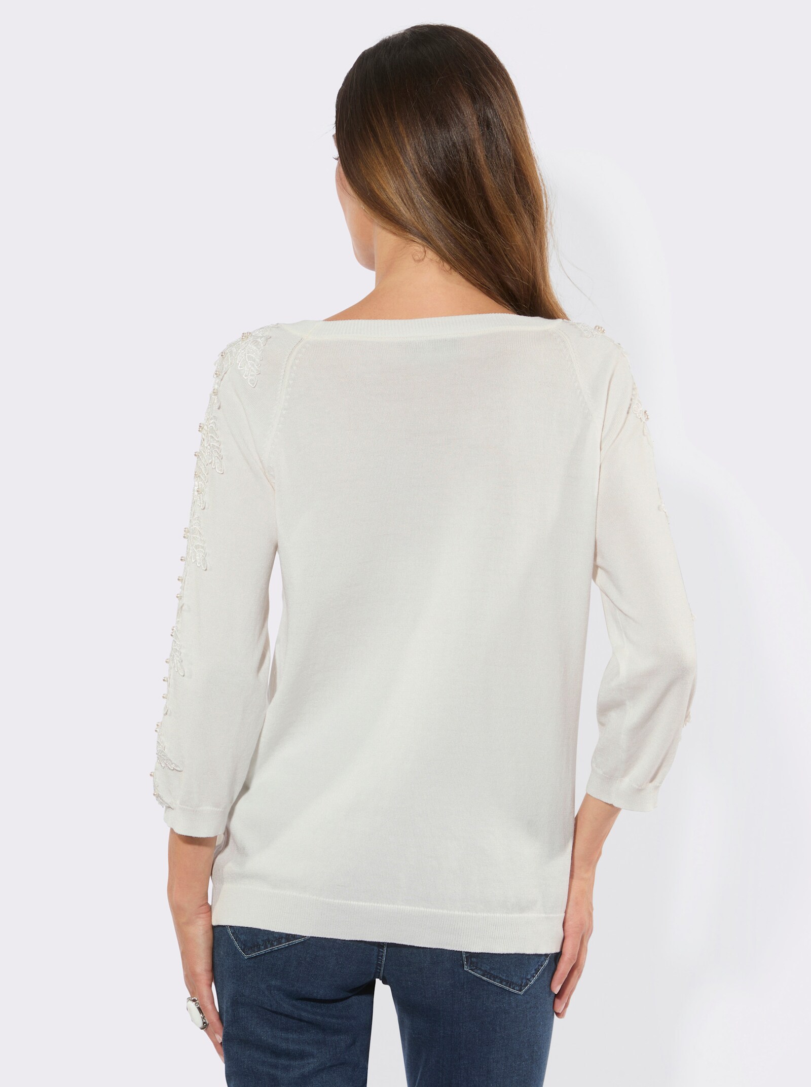 Langarm-Pullover mit Spitze und Zierperlen - ecru
