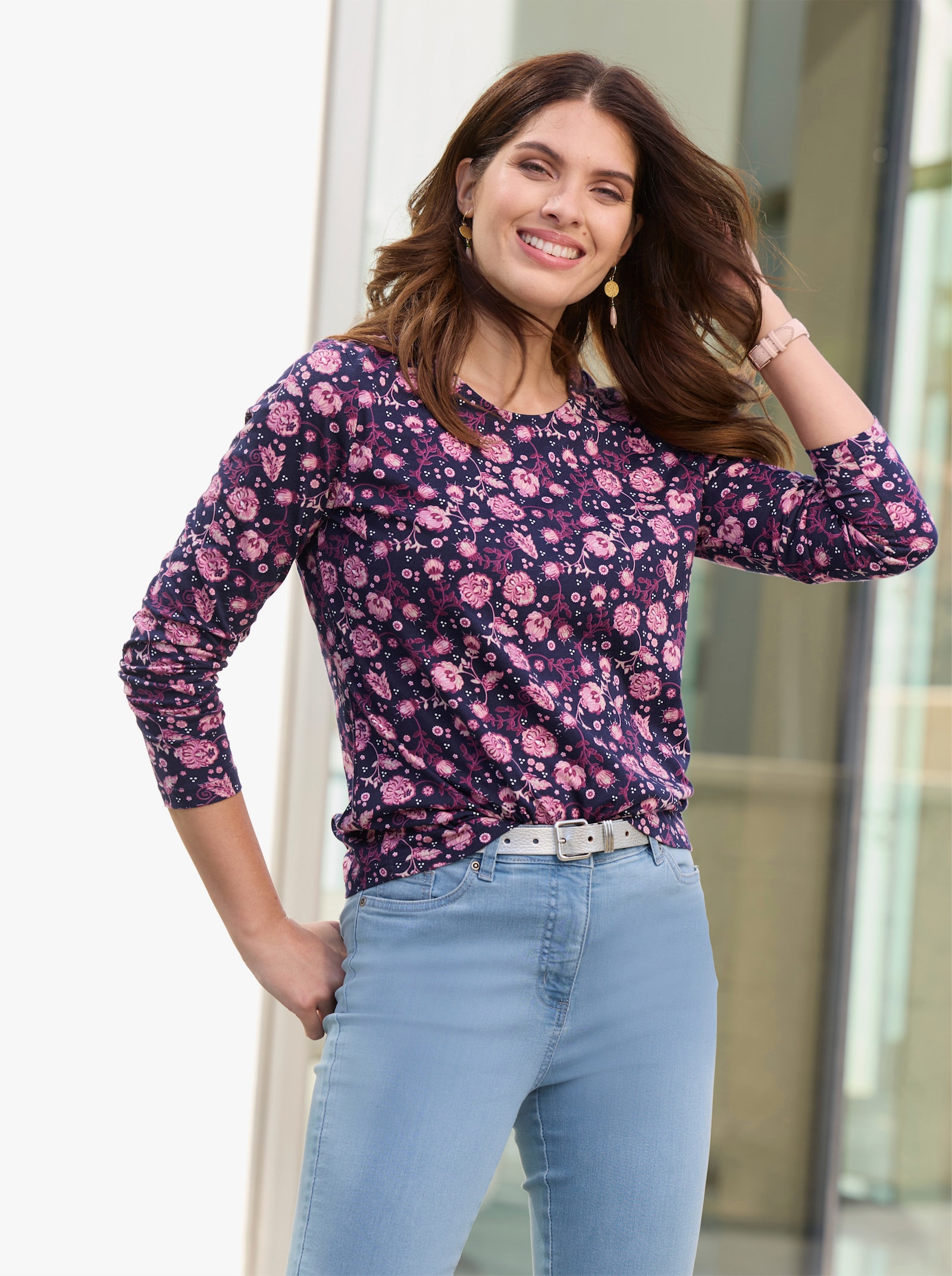 Langarmshirt aus reiner Baumwolle - marine-erika-bedruckt