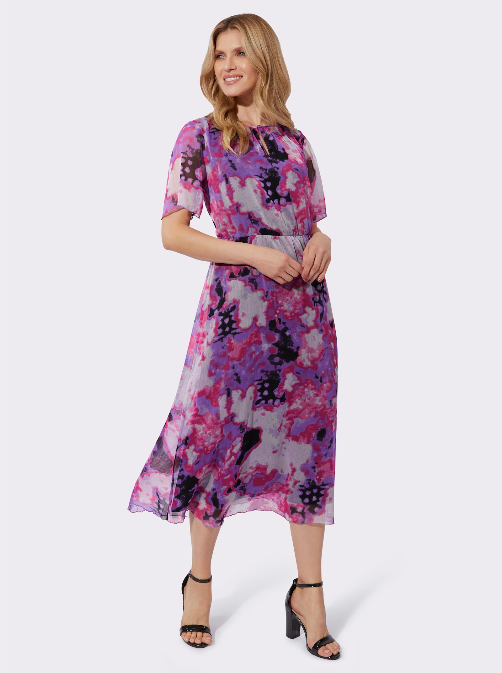 Druckkleid mit ausgestelltem Rockteil - lila-fuchsia-bedruckt