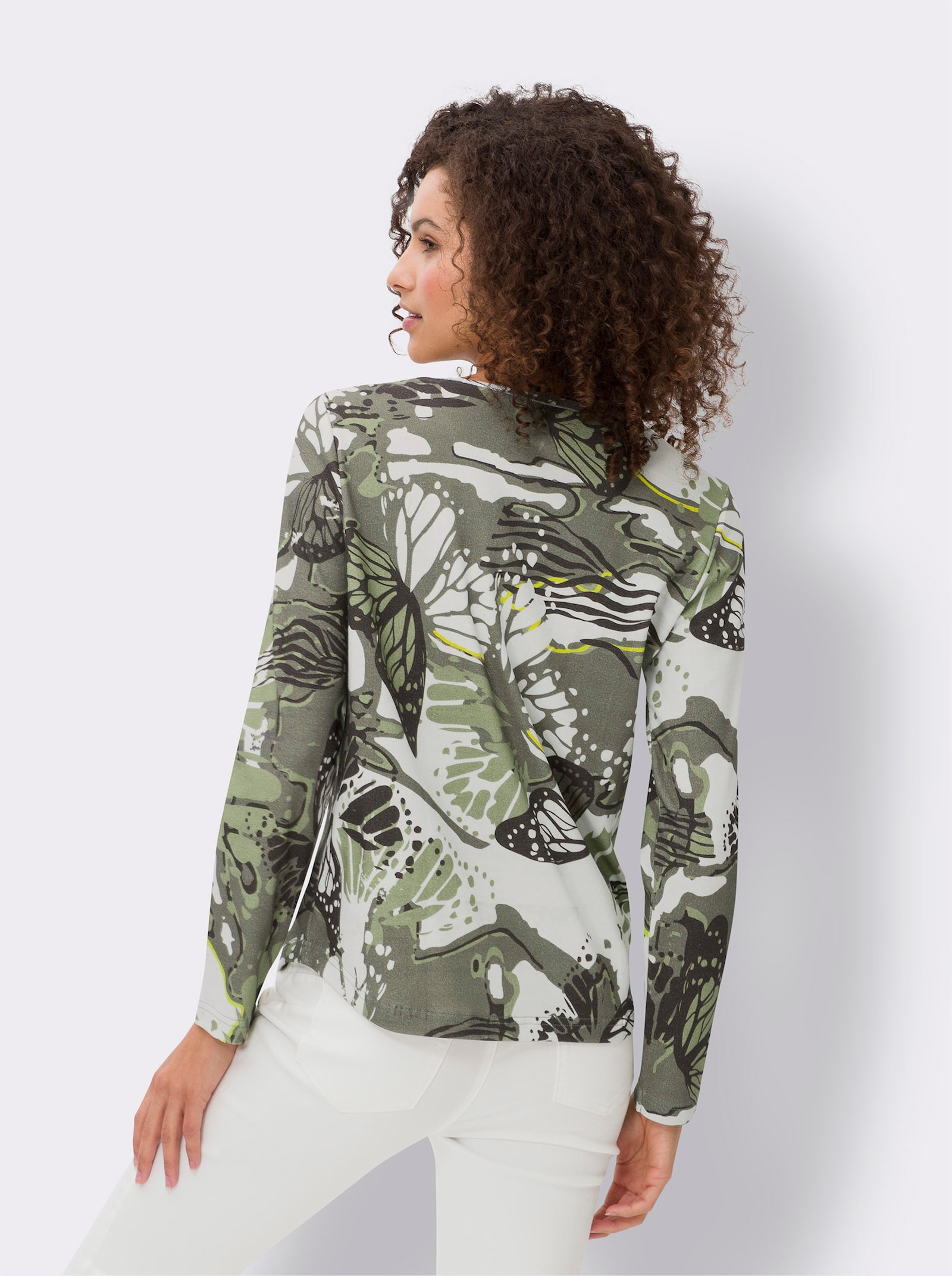 heine Rundhalsshirt mit abgerundetem Saum - khaki-ecru-bedruckt