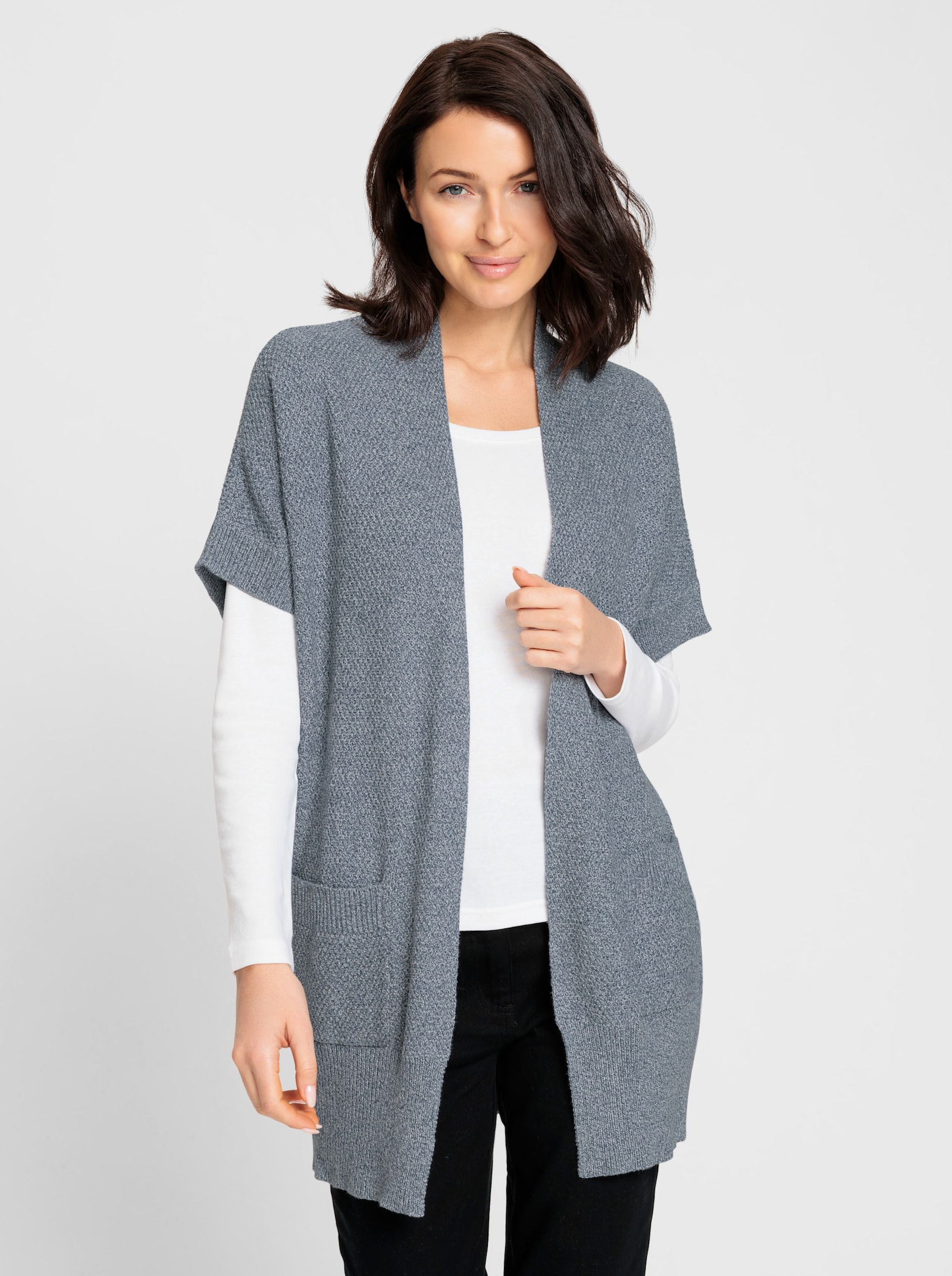 Longstrickjacke , verschlusslos - rauchblau-meliert