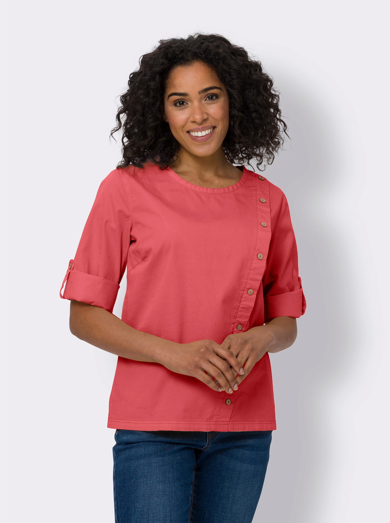Jeansbluse mit Zierknopfleiste - grapefruit