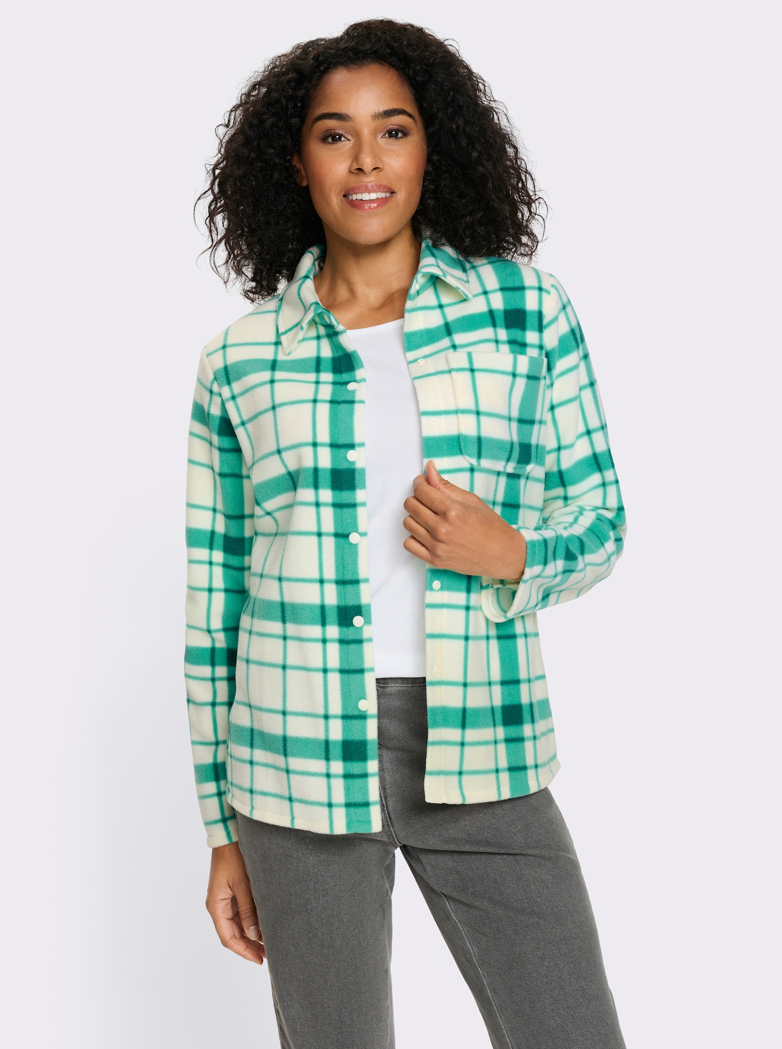 Fleecejacke mit längerem Saum im Rückteil - blaugrün-champagner-kariert