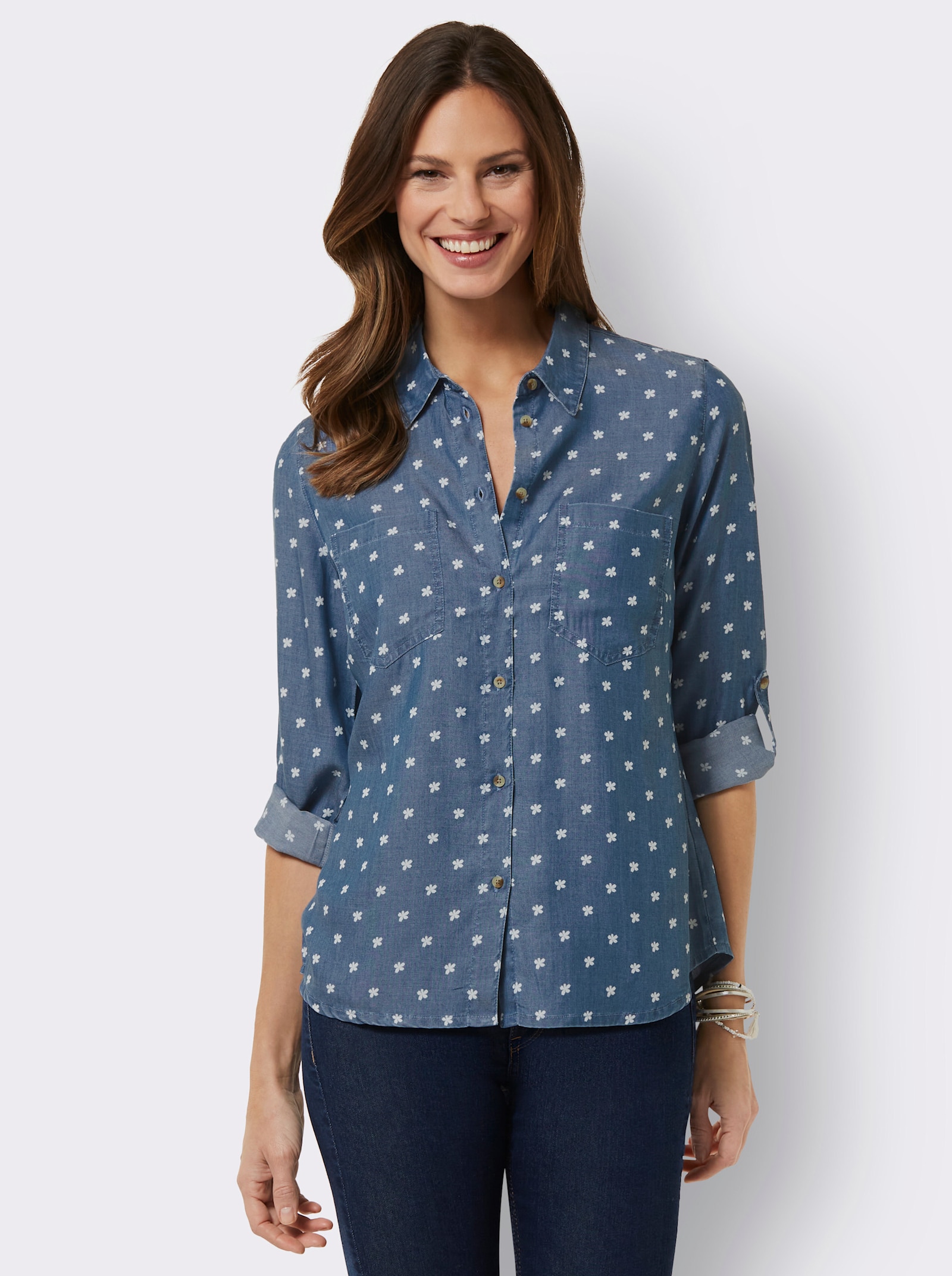 Hemdbluse mit krempelbaren Ärmeln - blue-bleached-bedruckt