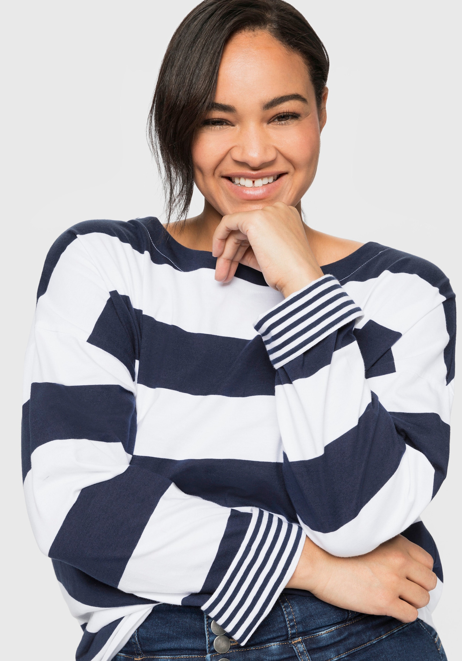 sheego Shirt met lange mouwen en brede strepen - marine