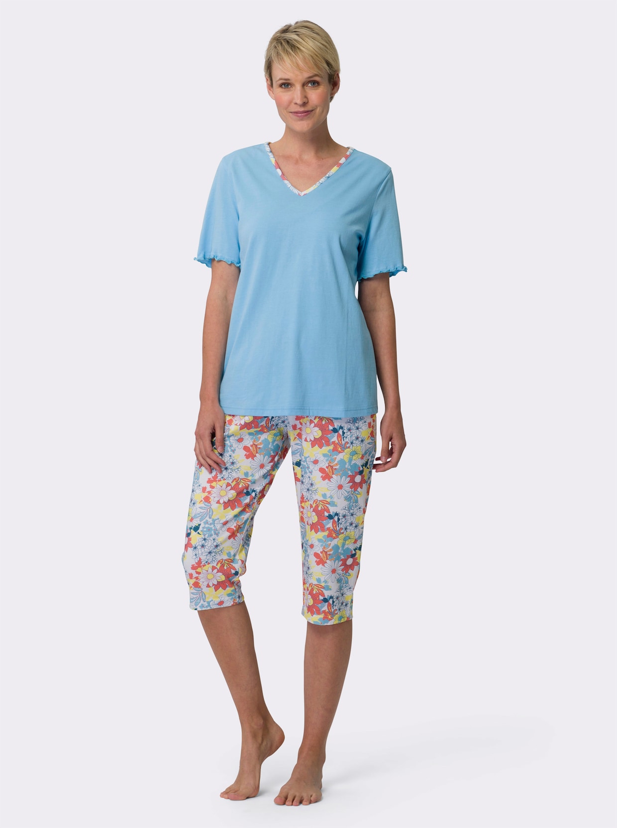 Pyjamas med capribyxa - aqua-korall-med tryck