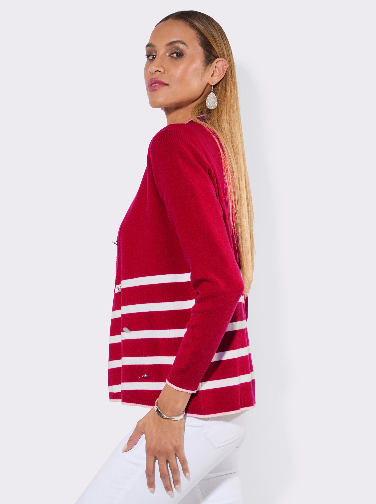Feinstrickjacke mit asymmetrischer Knopfleiste - rot-weiß-geringelt