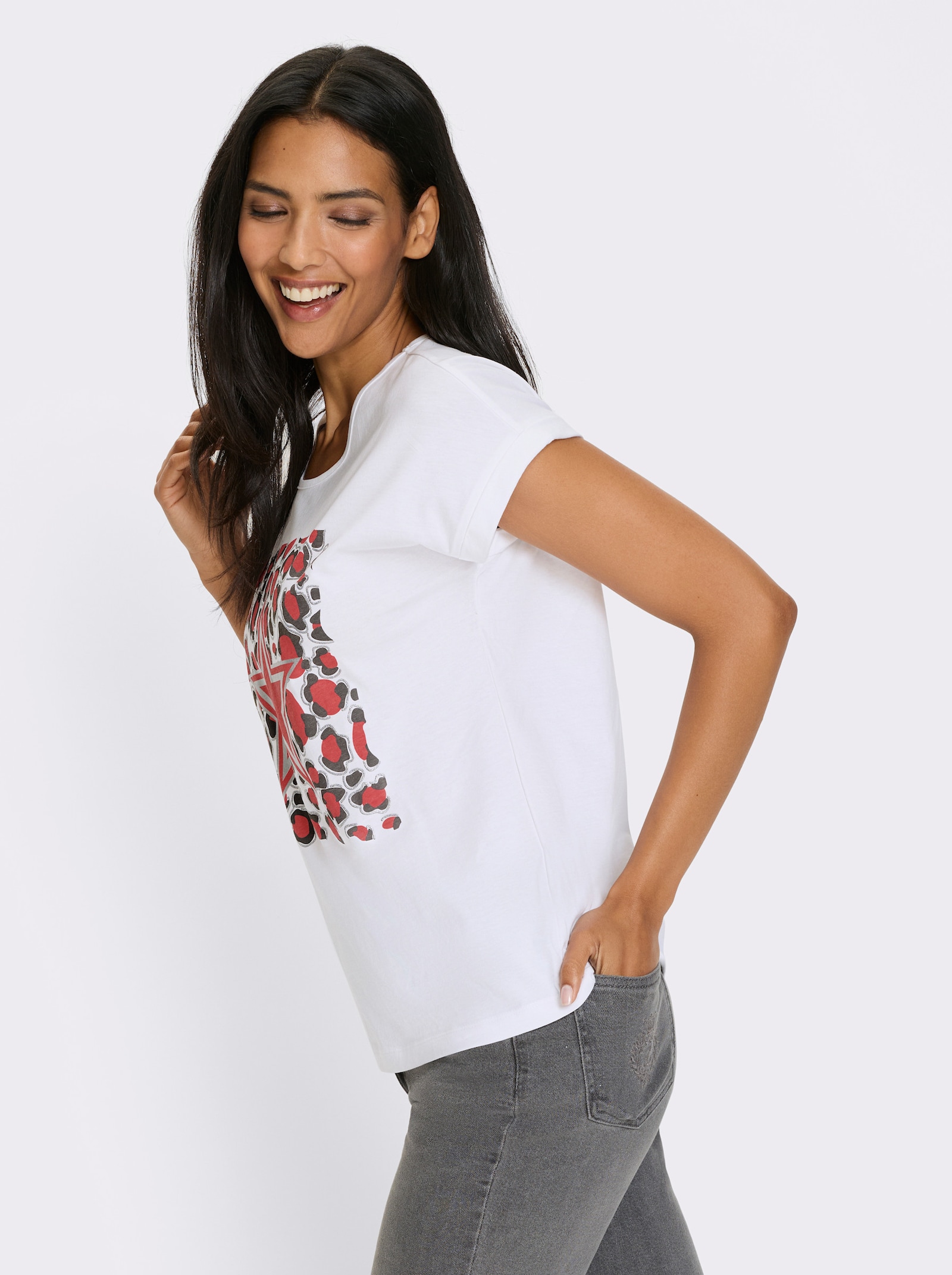 Tričko, krátke rukávy, lesklá a fóliová potlač - Bielo-grapefruitová