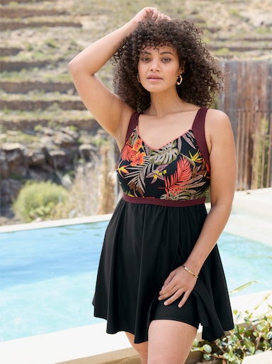 sheego Badekleid mit tropischem Print - schwarz-burgund-bedruckt