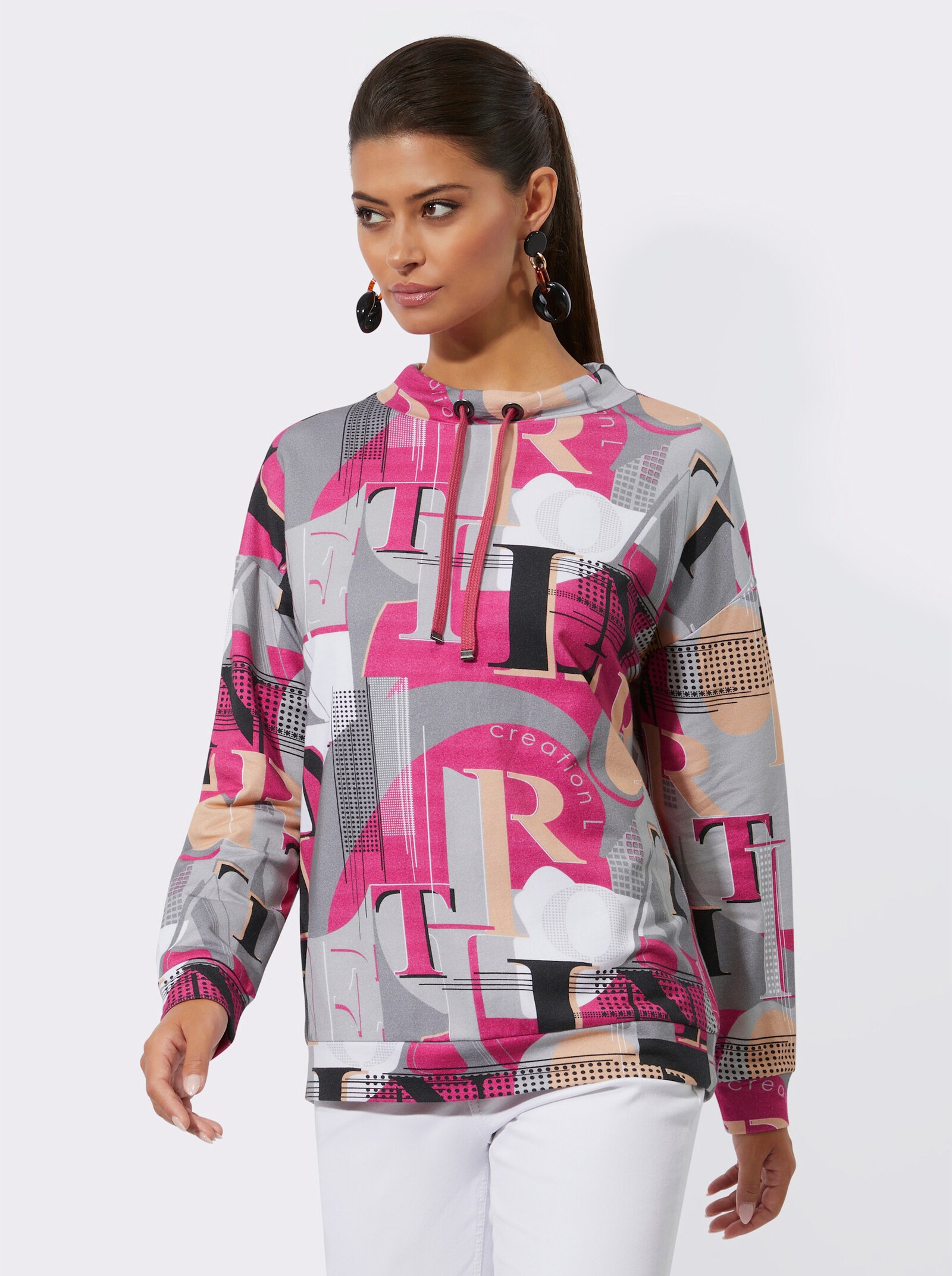 Sweatshirt mit regulierbarem Stehkragen - fuchsia-hellgrau-bedruckt