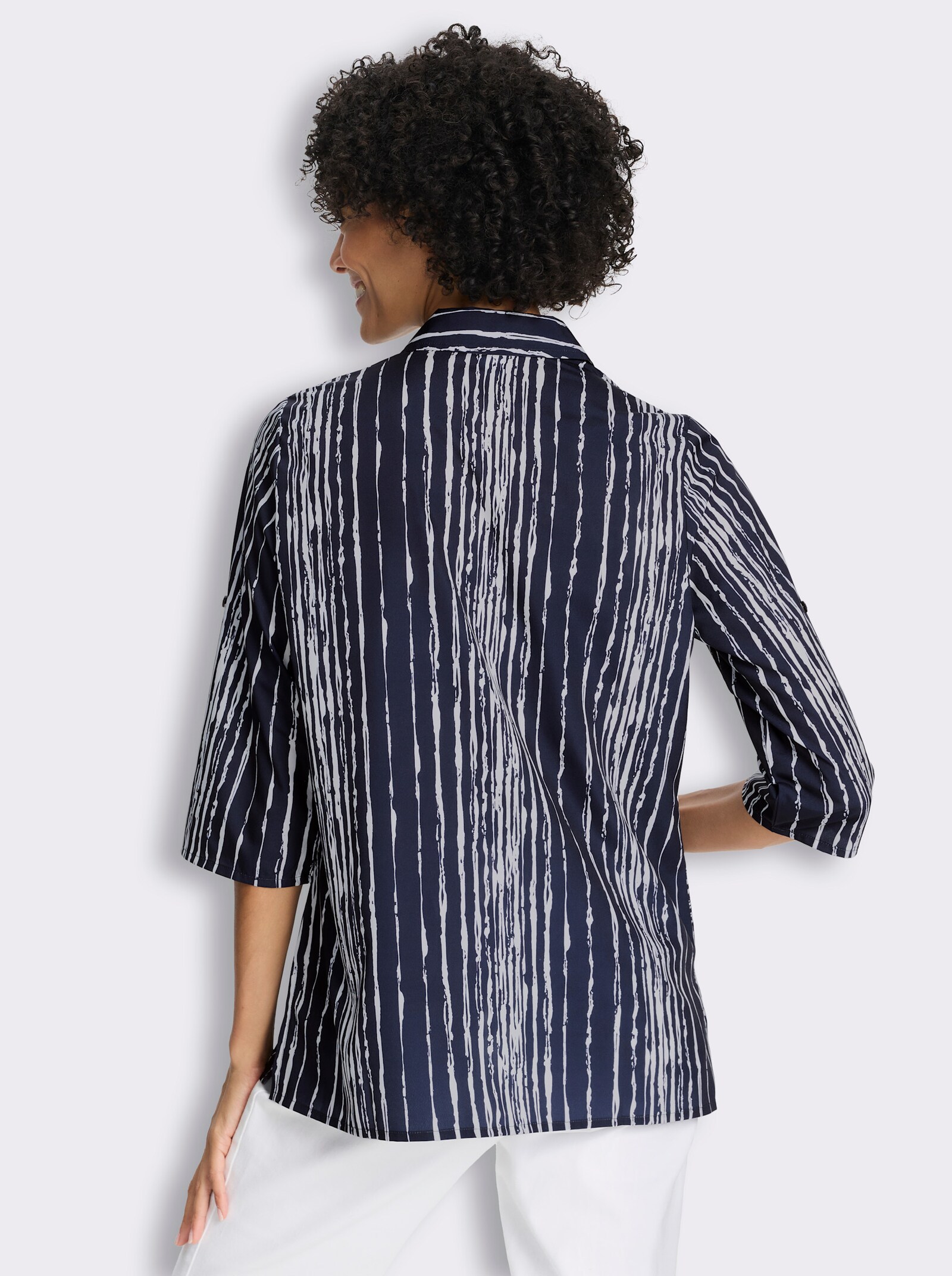 Longbluse mit Seitenschlitzen - marine-ecru-bedruckt