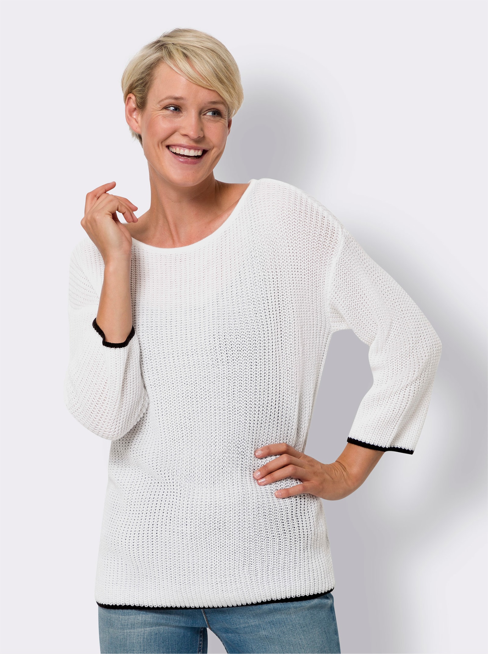 Langarm-Pullover mit farbigen Kanten - weiss