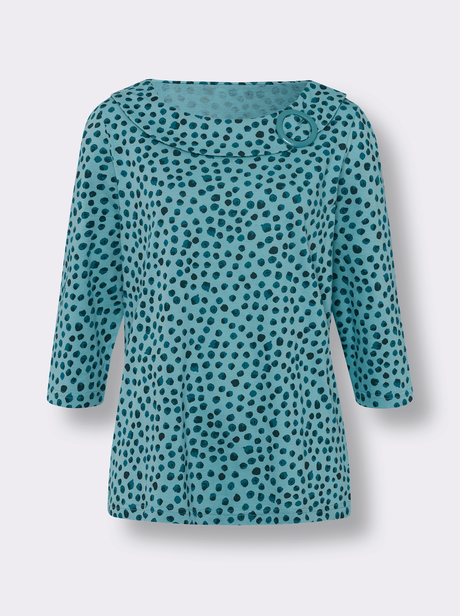 Tričko s 3/4 rukávem a ozdobnou sponou na výstřihu - mořská-petrolejová-potisk