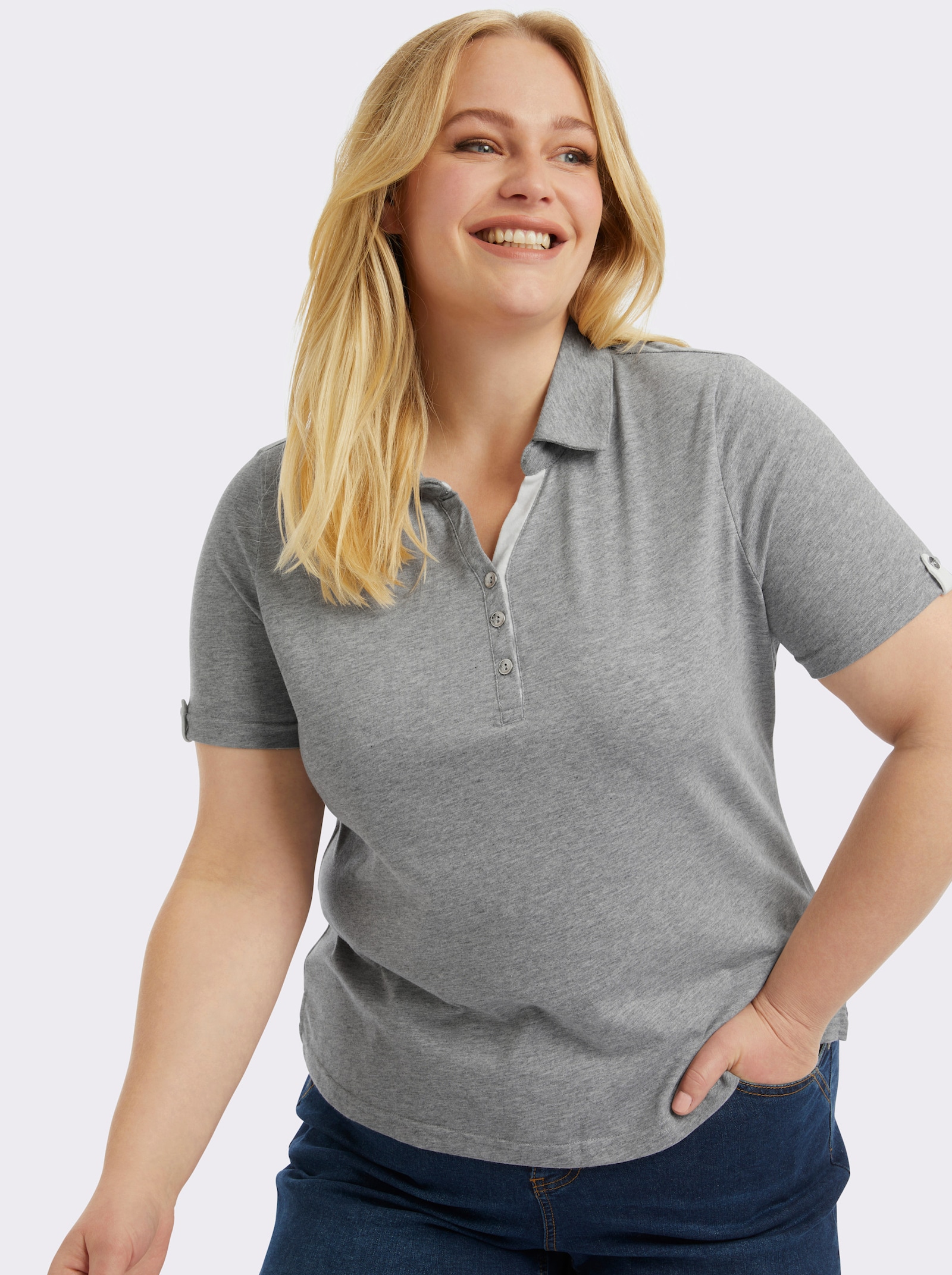 Poloshirt mit Zierriegel - grau-meliert