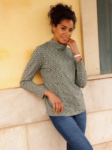 Stehkragenshirt mit Minimalmuster - khaki-beige-bedruckt