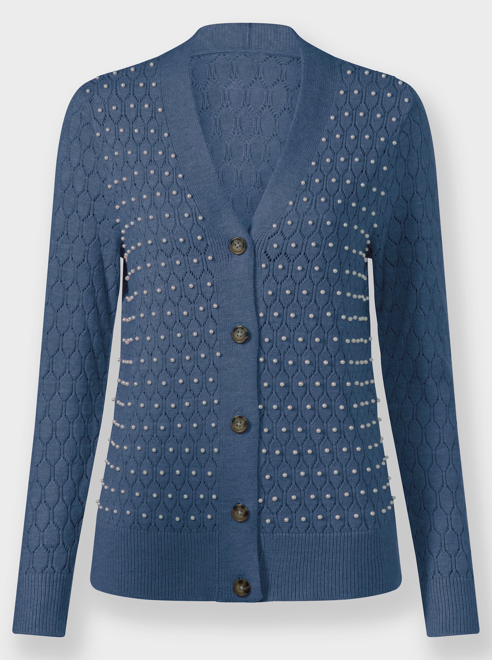 Ajourstrickjacke mit Zierperlen - rauchblau-meliert