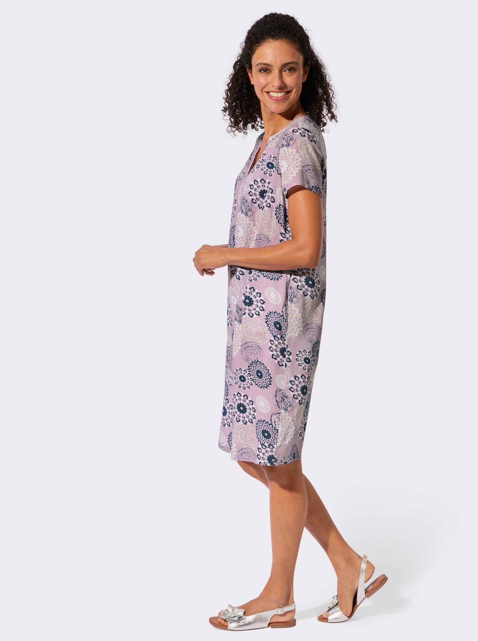 Webkleid in ornamentalem Dessin - mauve-dunkelblau-bedruckt