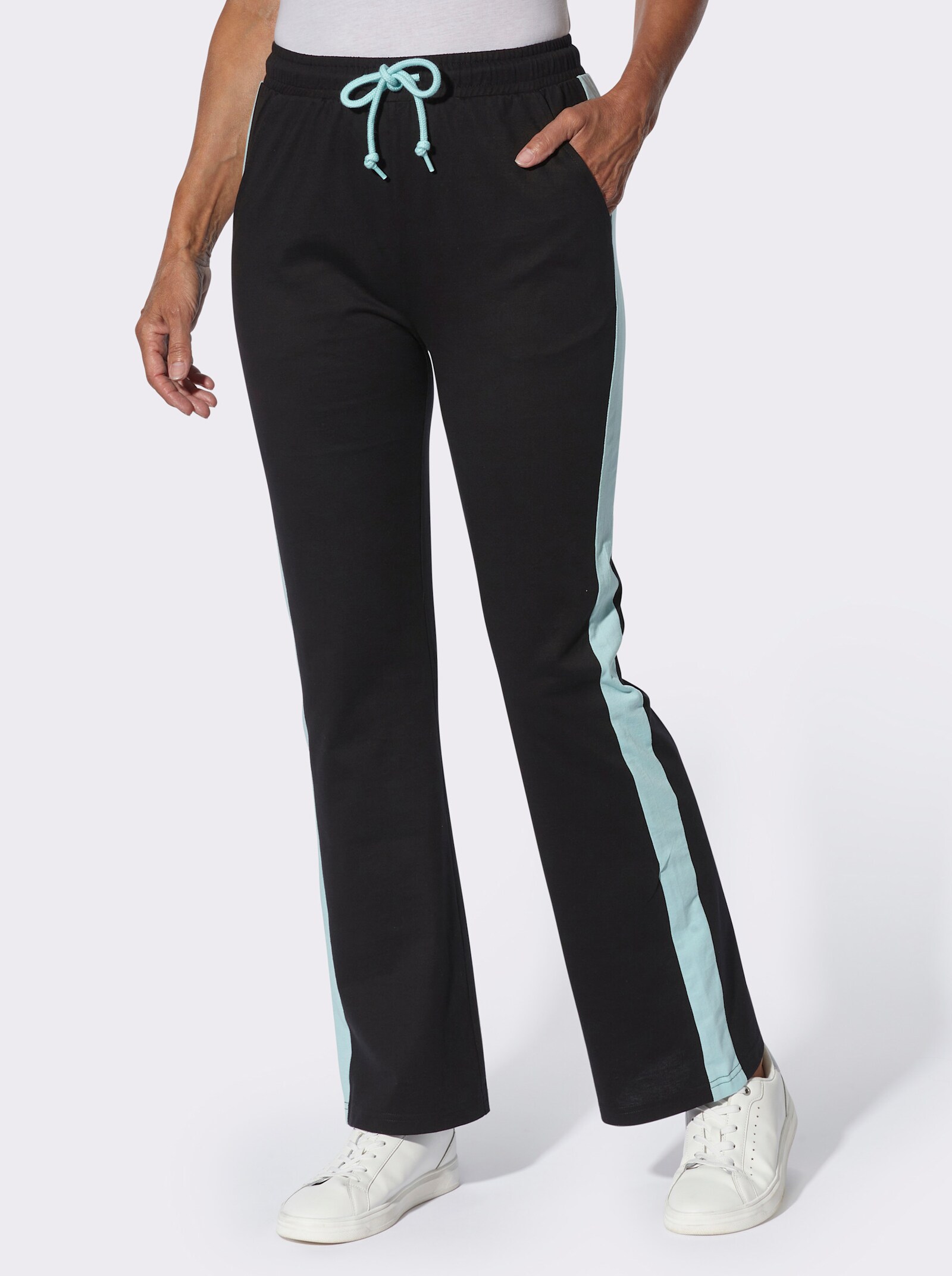 Freizeithose mit kontrastfarbenen Galonstreifen - schwarz-mint