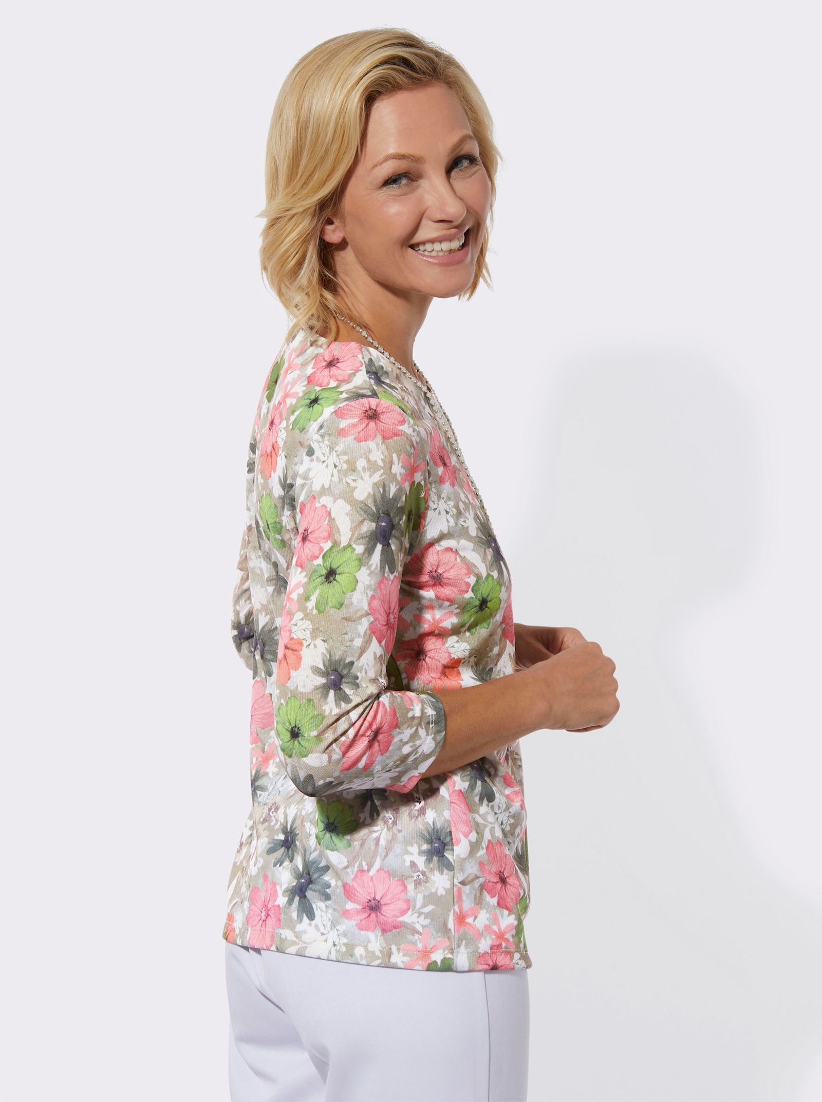 Rundhalsshirt mit 3/4-Ärmeln - schlamm-hortensie-bedruckt