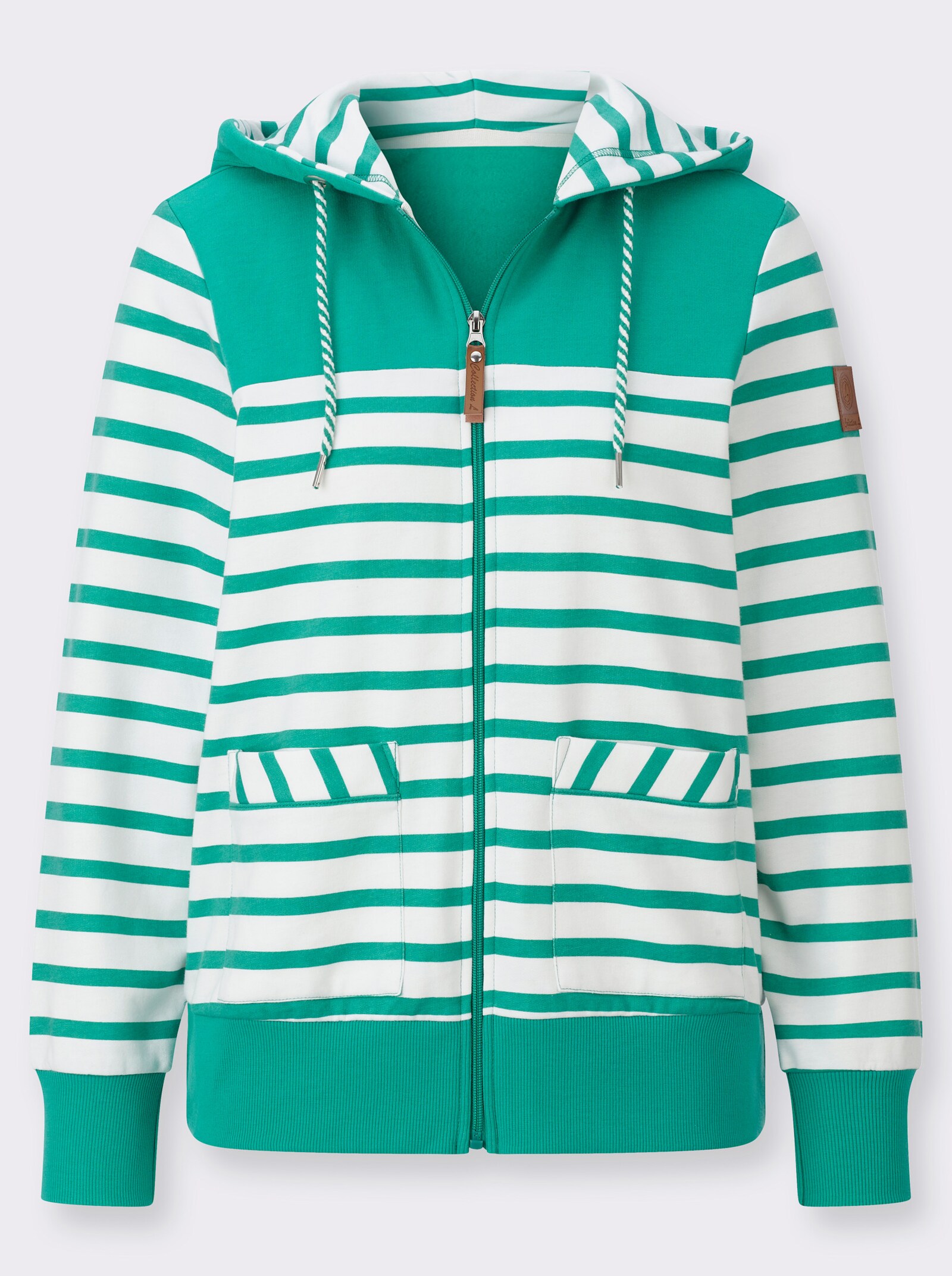 Shirtjacke mit schrägen Vordertaschen - smaragd-ecru-geringelt