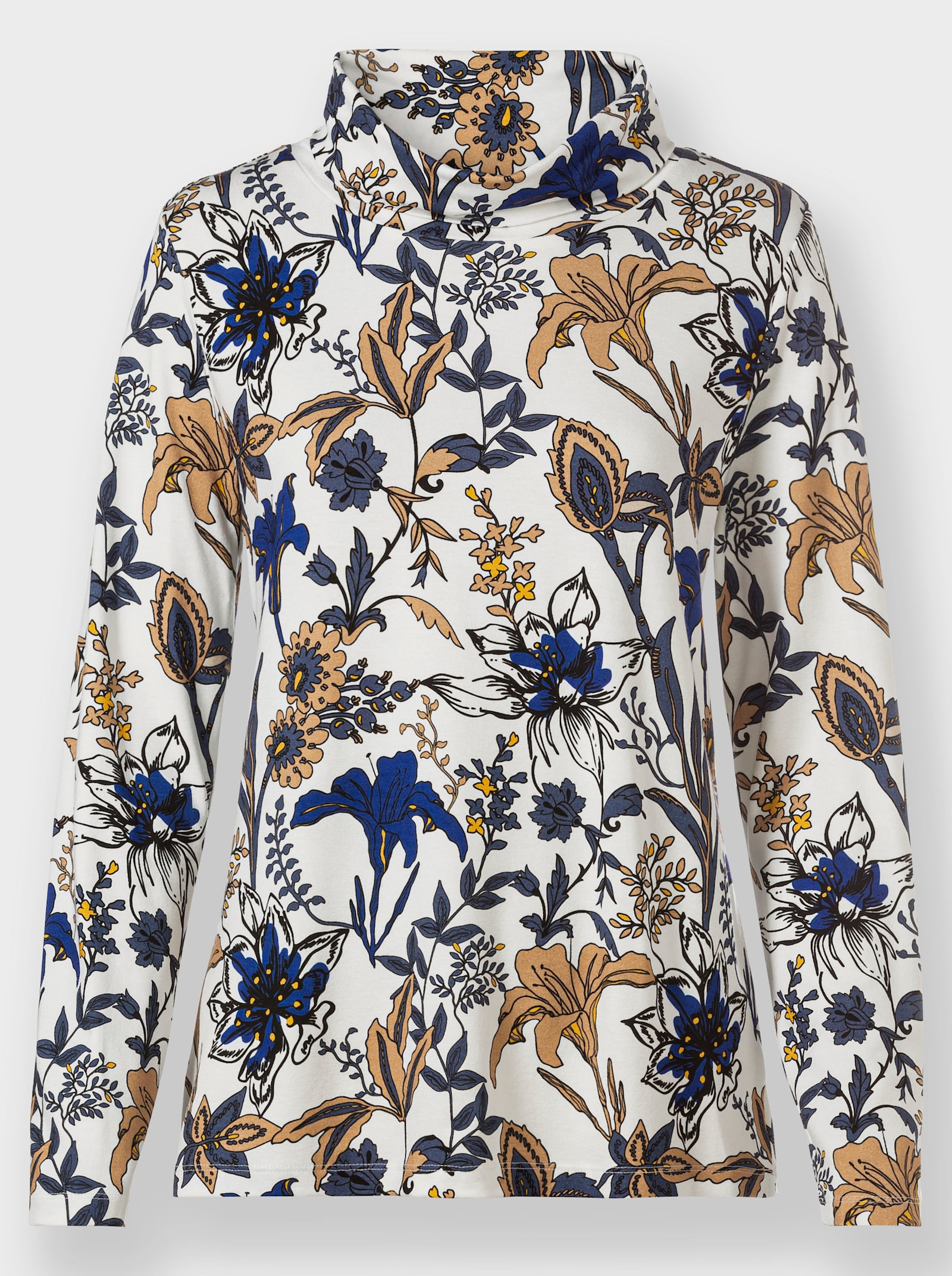 Print-Shirt mit halsfernem Rollkragen - ecru-royalblau-bedruckt