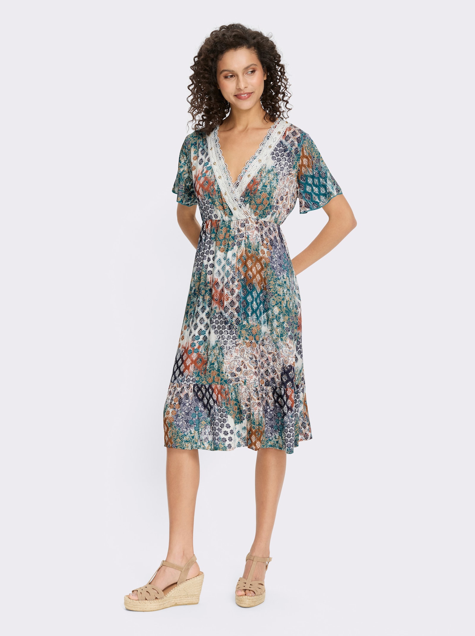 heine Druckkleid mit Spitze - aquapetrol-sand-bedruckt