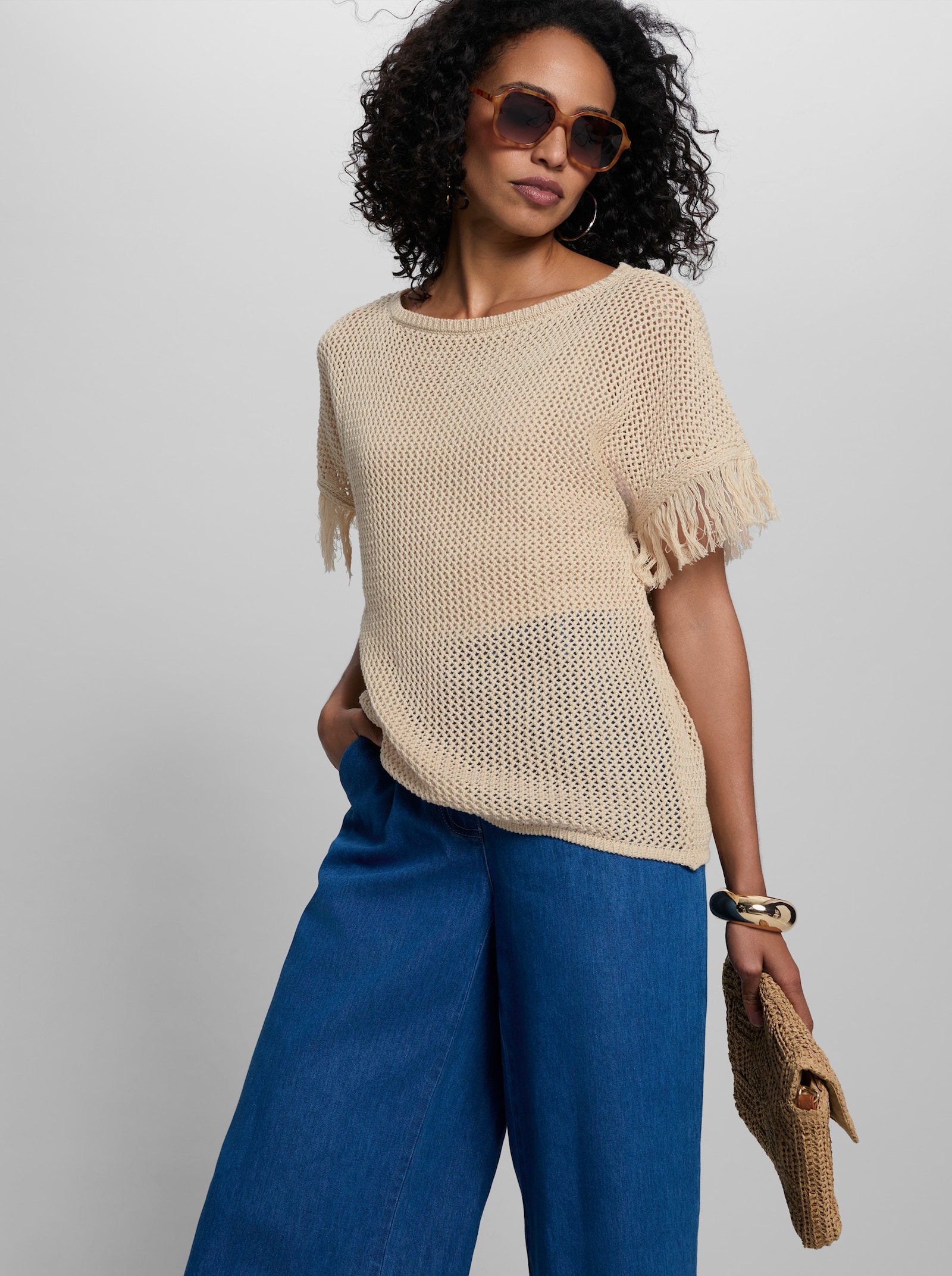 heine Ajourpullover mit Fransen - sand