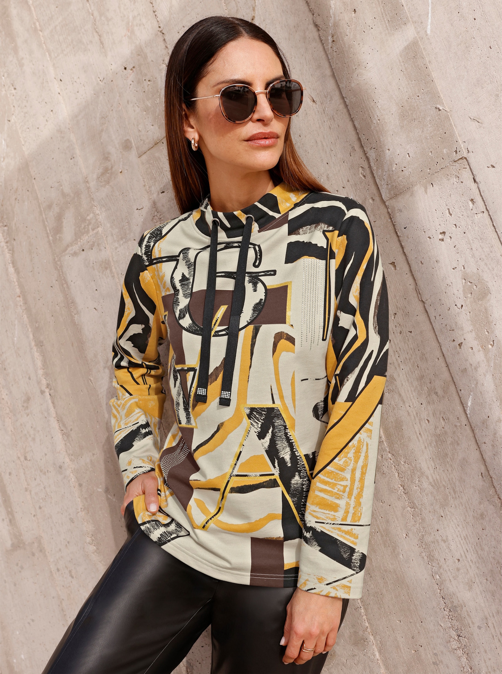 Sweatshirt mit Glanz-Effekten - schwarz-braun-bedruckt