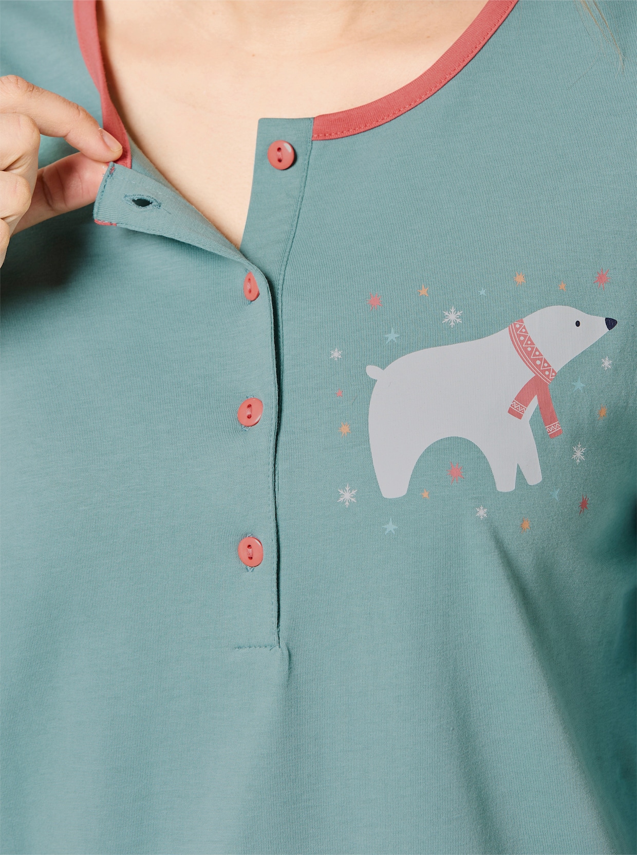 Comtessa Schlafanzugshirt mit kontrastfarbigen Ziernähten - ozean-koralle