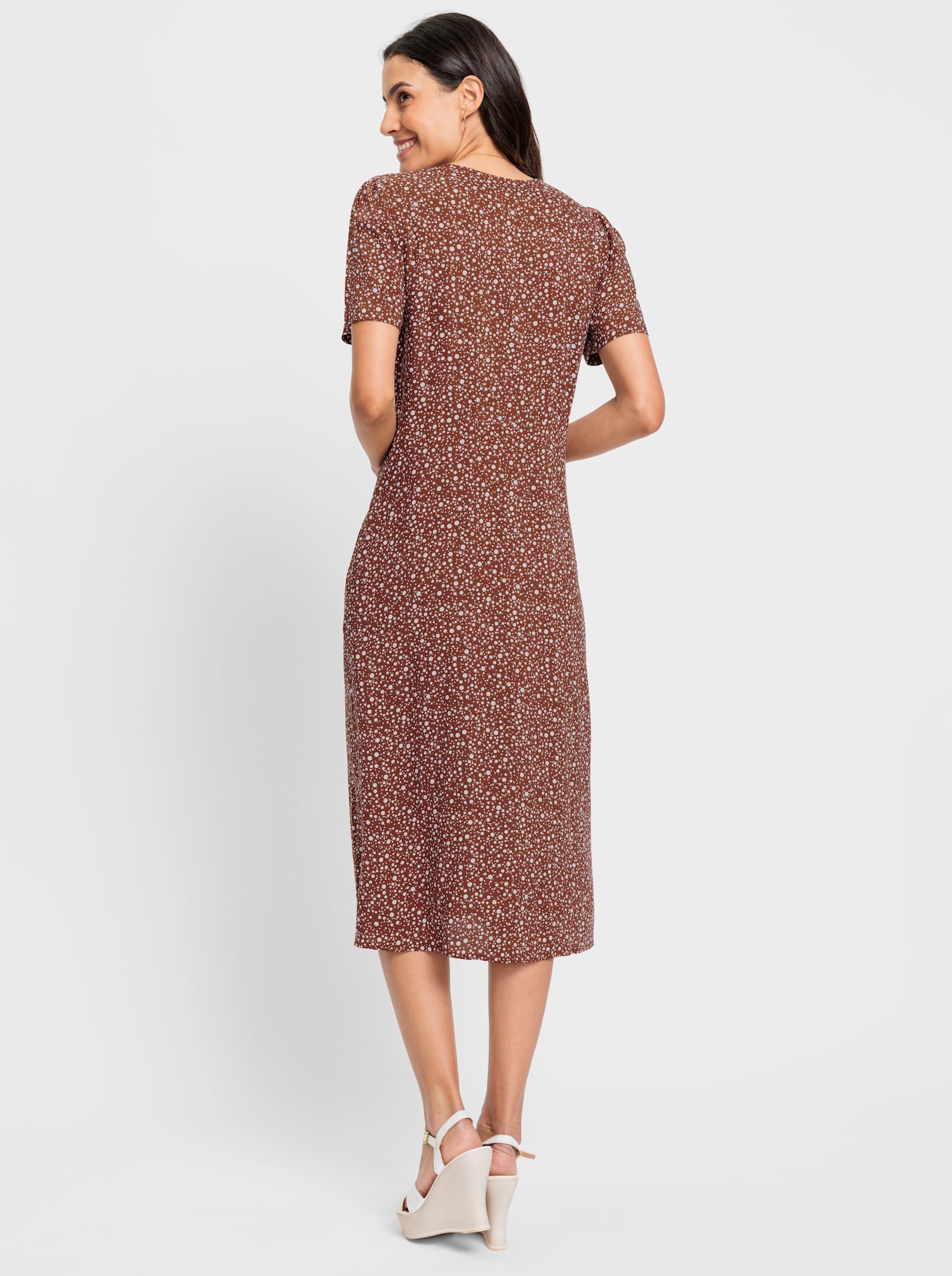 Sommerkleid an den Schultern gerafft - rotbraun-weiß-bedruckt