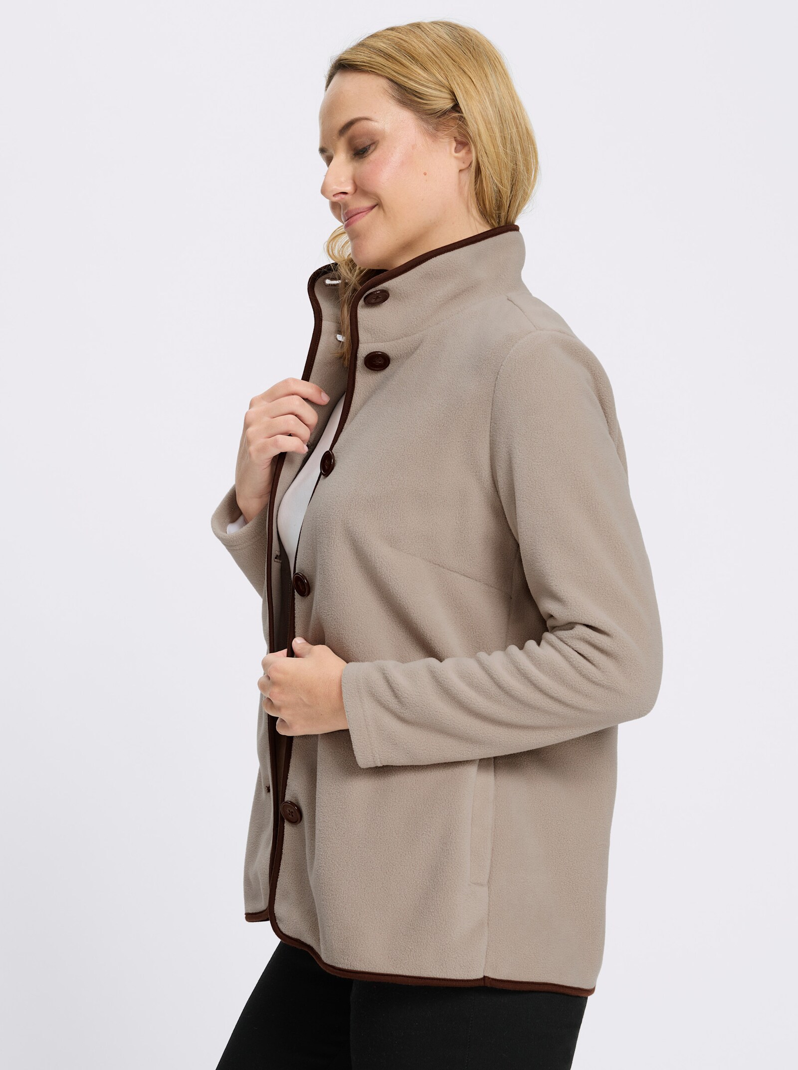 Fleecejacke mit Kontrast-Paspeln - sesam