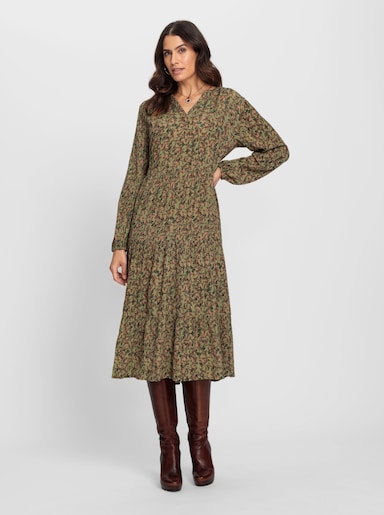 Druckkleid mit Raffungen - schilf-braun-bedruckt