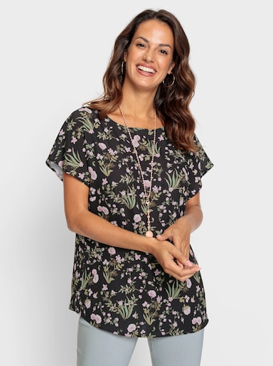 Druckbluse in pflegeleichter Qualität - schwarz-rosé-bedruckt