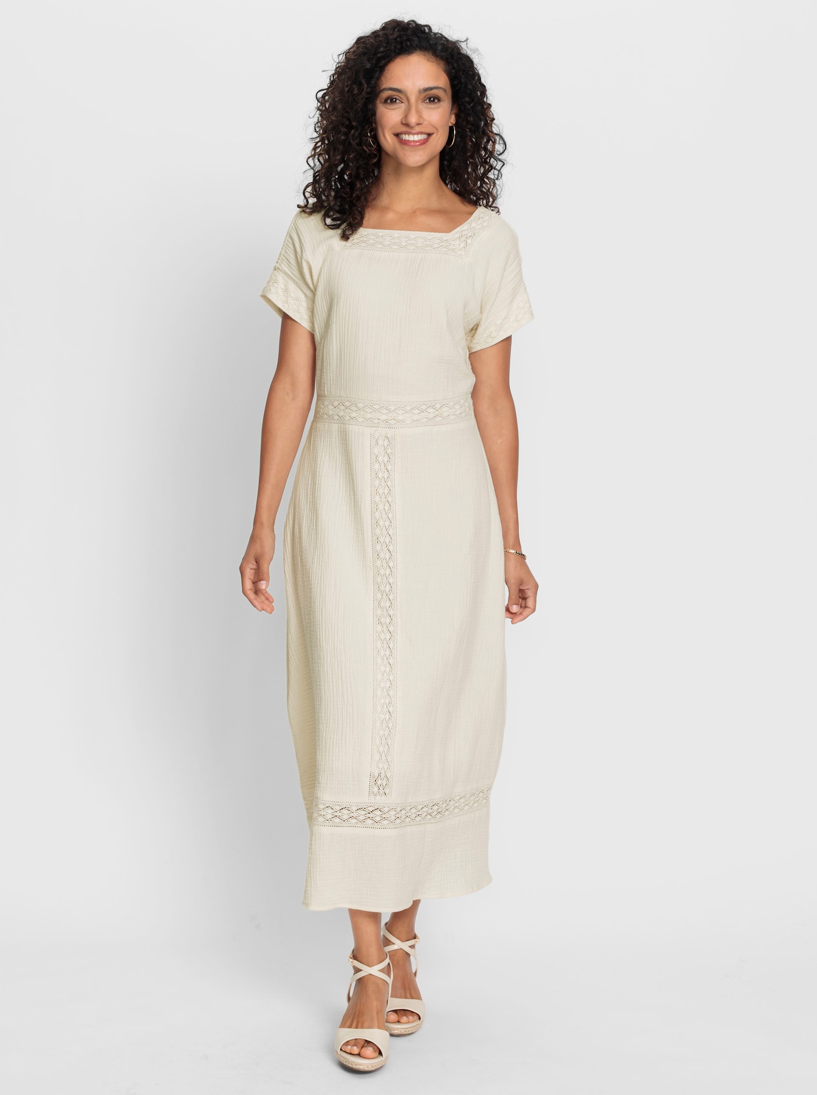 Baumwollkleid mit Spitzendetails - champagner