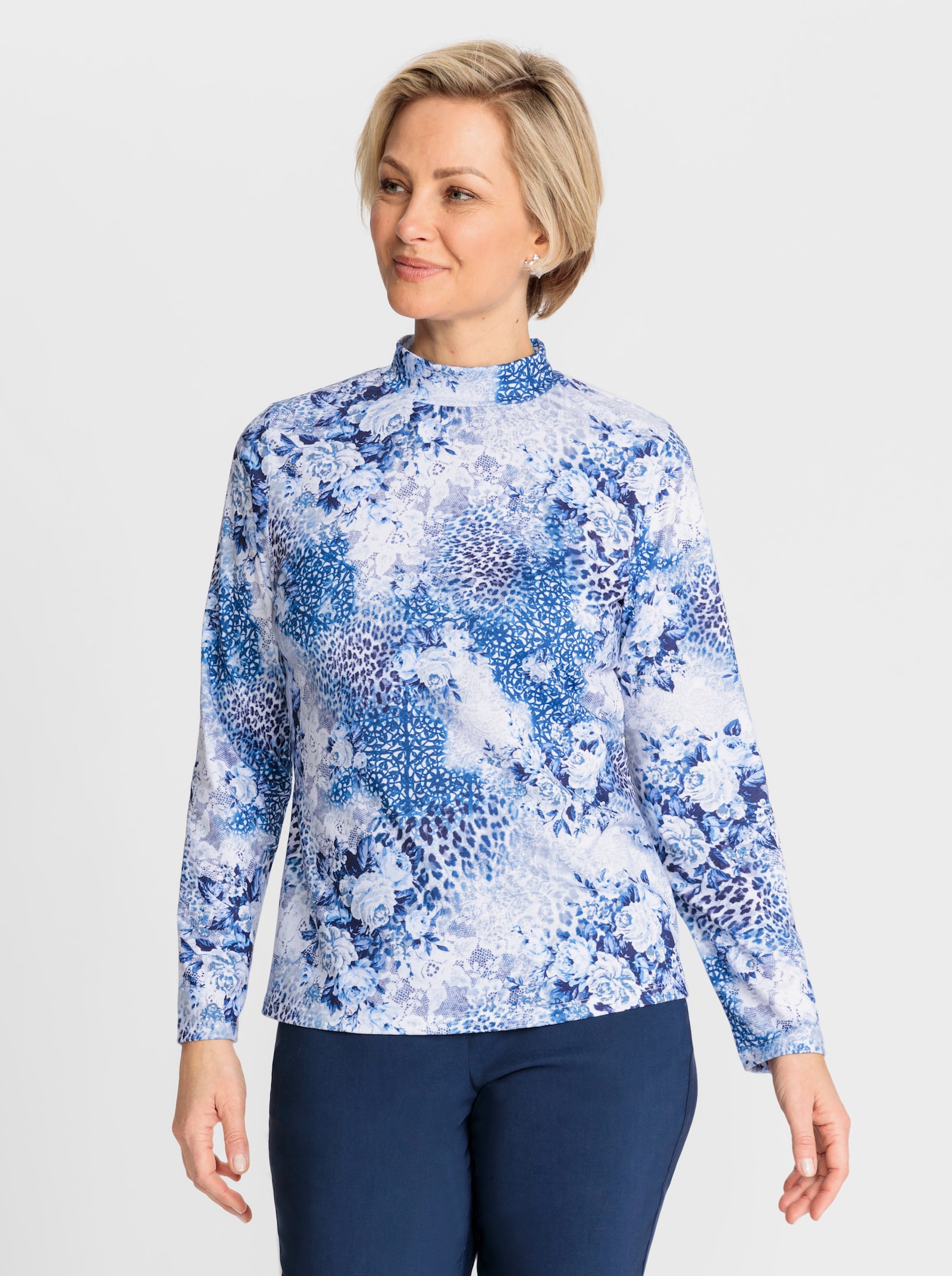 Langarmshirt im Mix aus Animal- und Floraldruck - jeansblau-ecru-gemustert