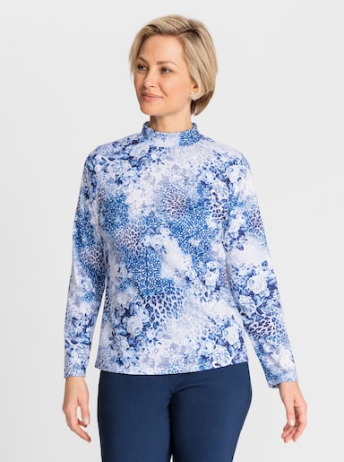 Langarmshirt im Mix aus Animal- und Floraldruck - jeansblau-ecru-gemustert