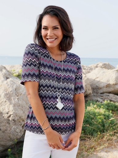 Kurzarmshirt mit grafischem Print - marine-fuchsia-bedruckt