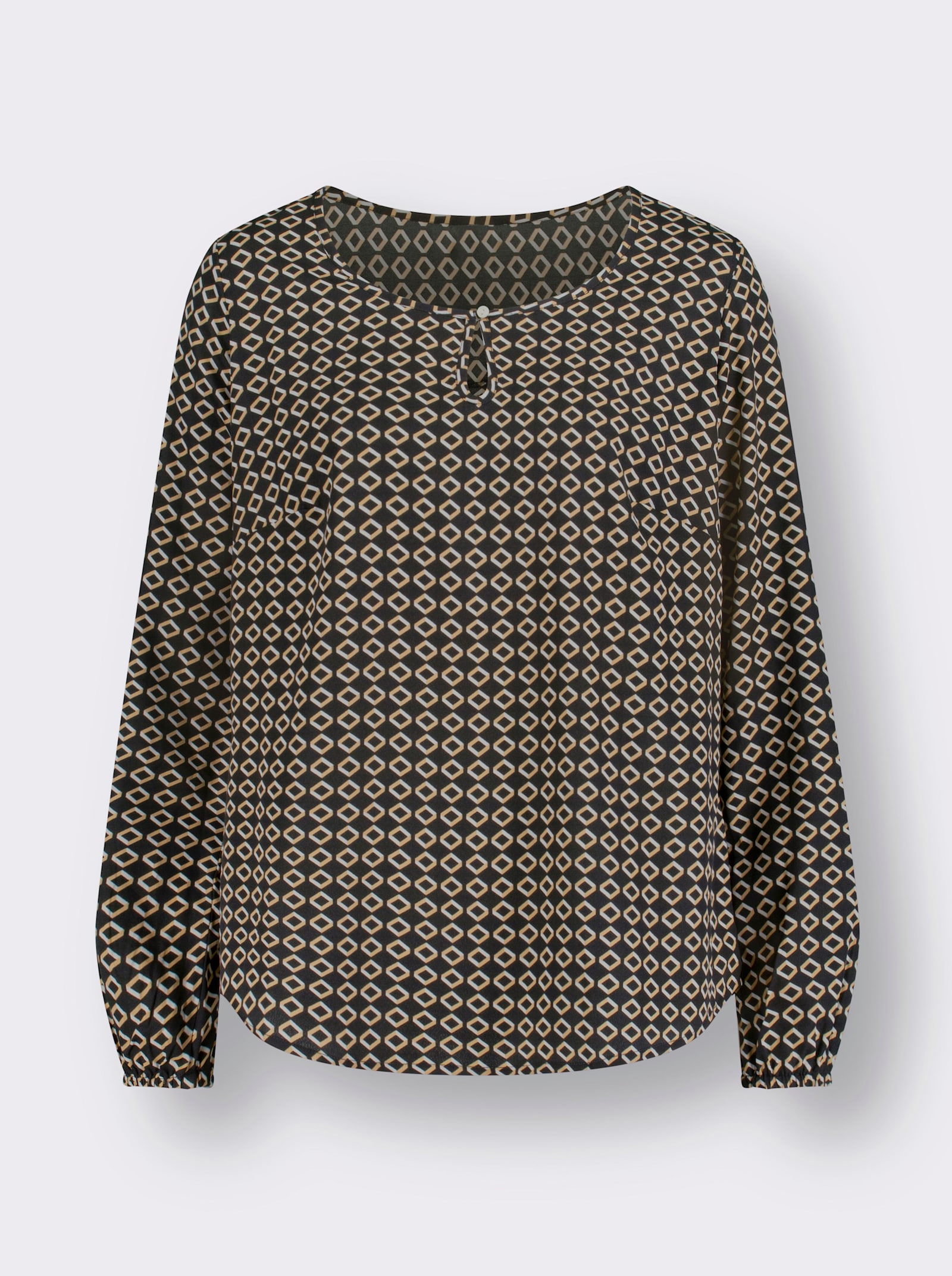 Comfortblouse met elastische mouwboordjes - zwart/camel bedrukt