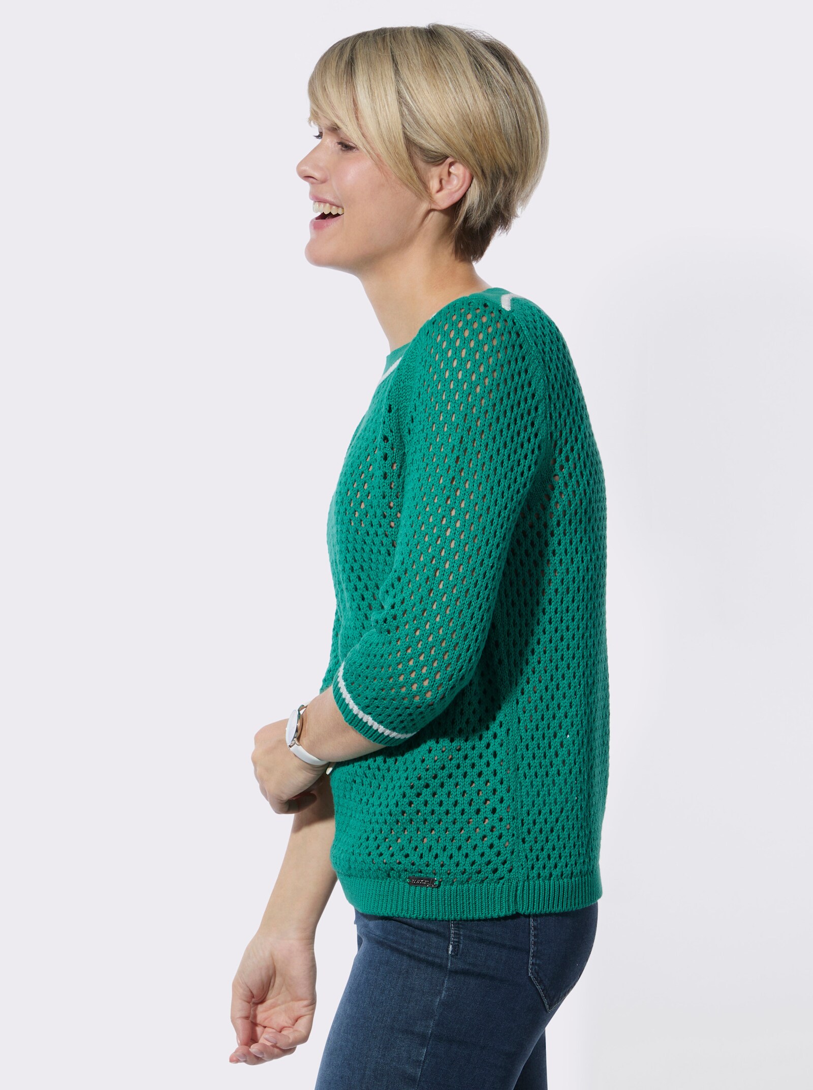 3/4-Arm-Pullover mit Ajourstrickmuster - smaragd