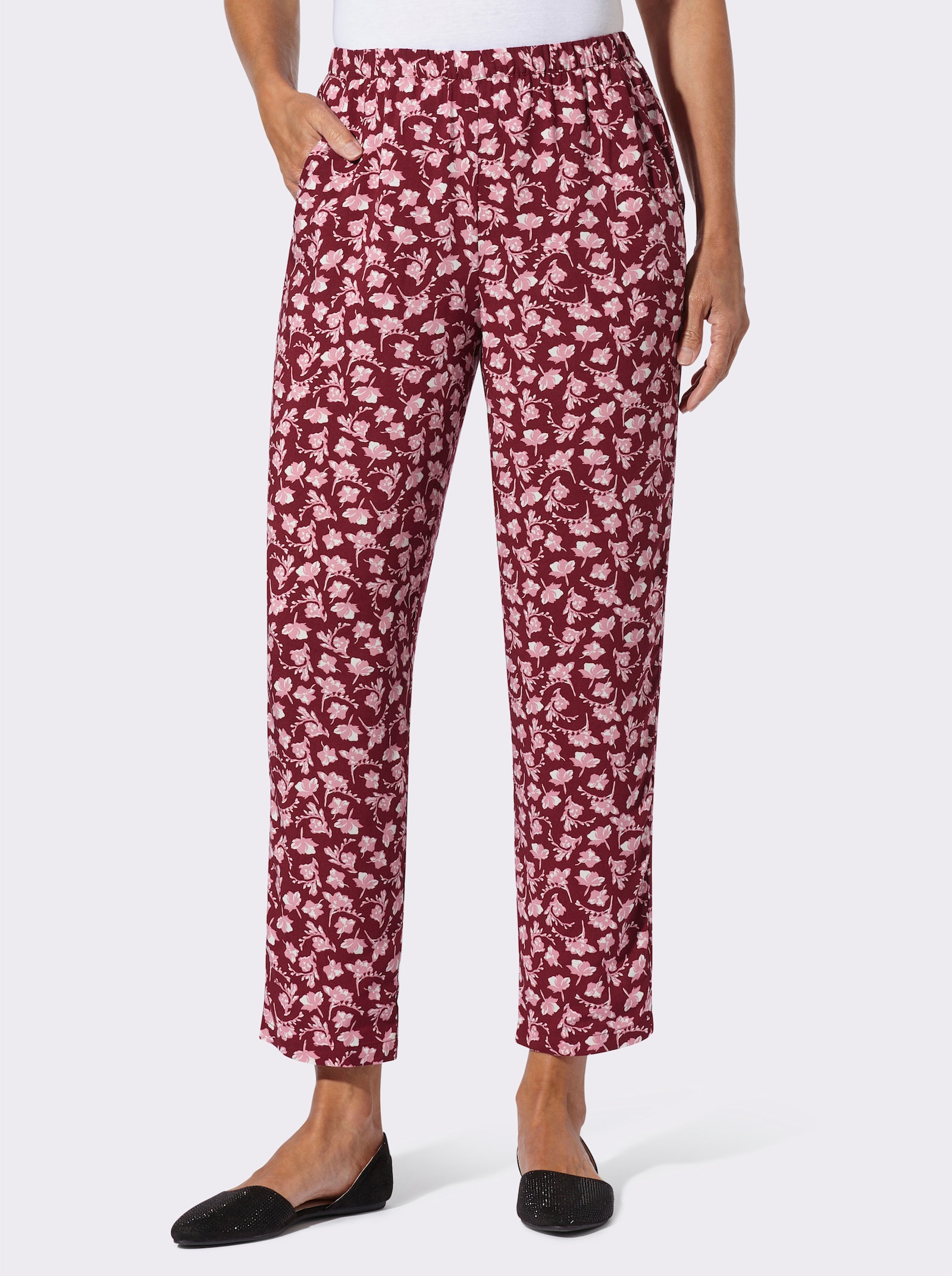 Comfortbroek - bordeaux/wit bedrukt