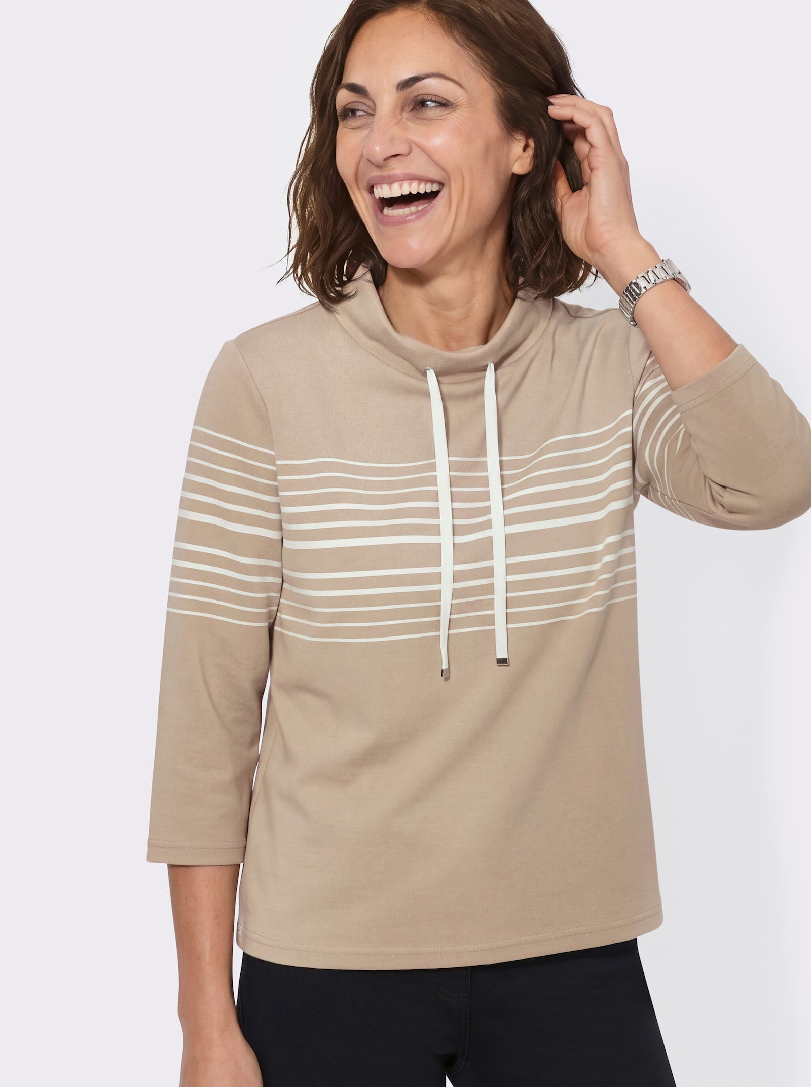 Sweatshirt mit Stehkragen - beige-ecru-geringelt