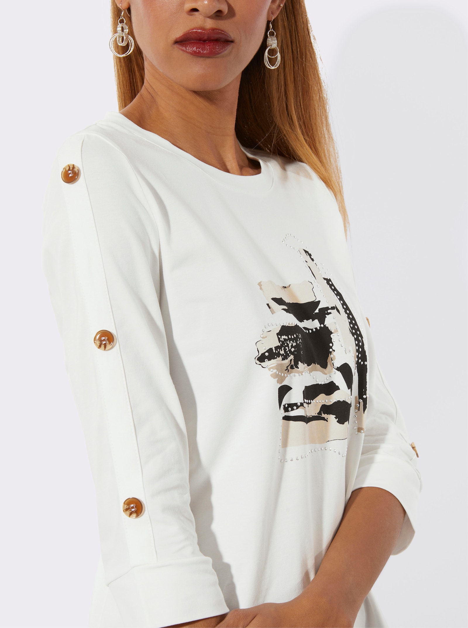 Rundhalsshirt mit Zierknopfleiste - ecru-schwarz-bedruckt