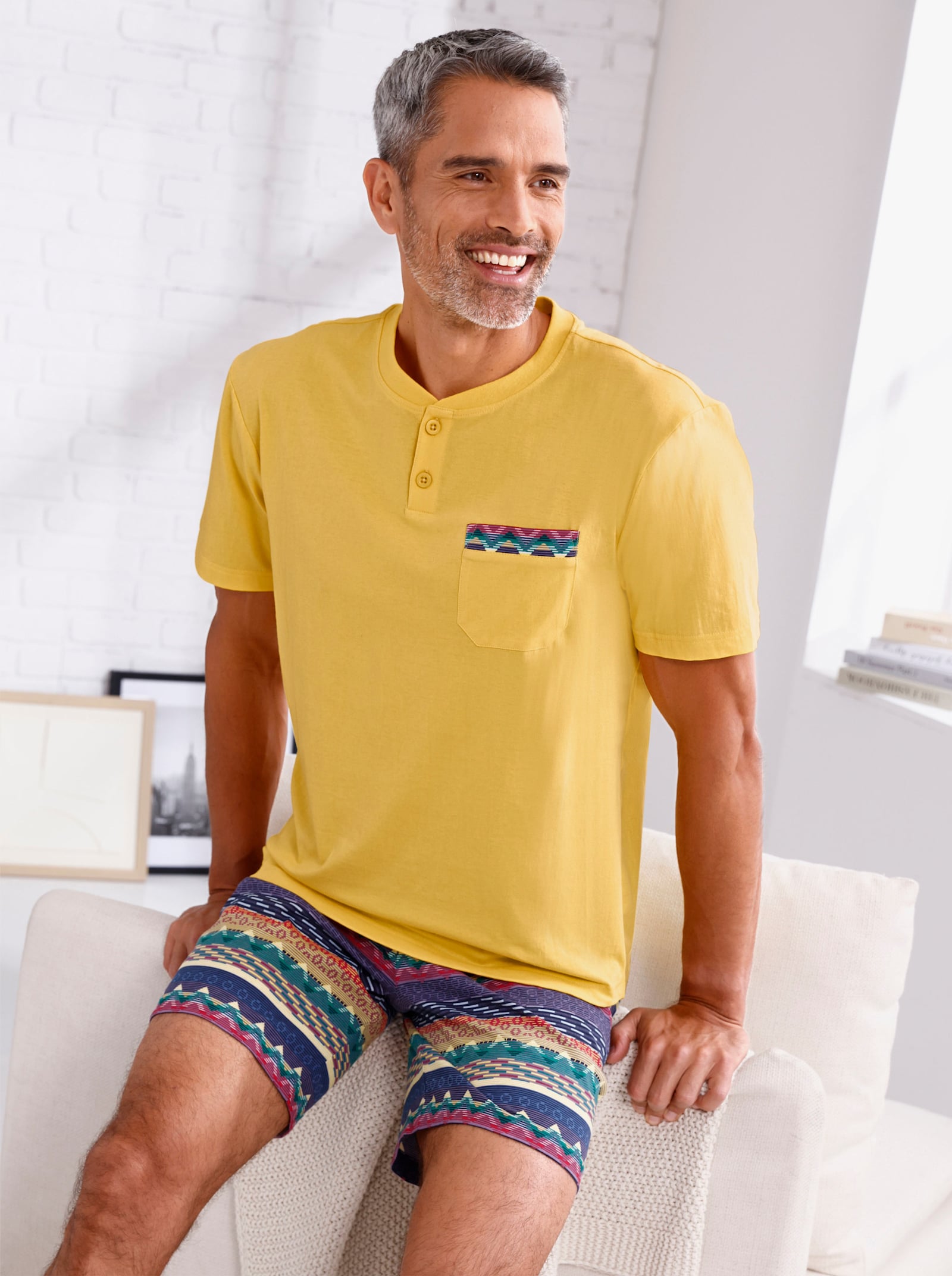 Shorty aus reiner Baumwolle - gelb-gemustert