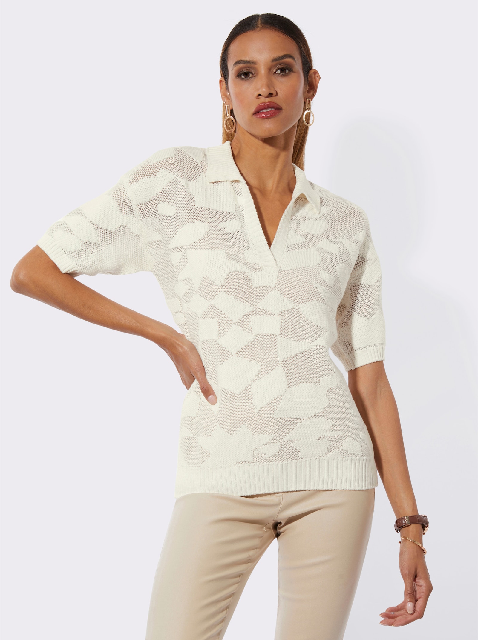 Pull polo avec finitions côtelées - écru