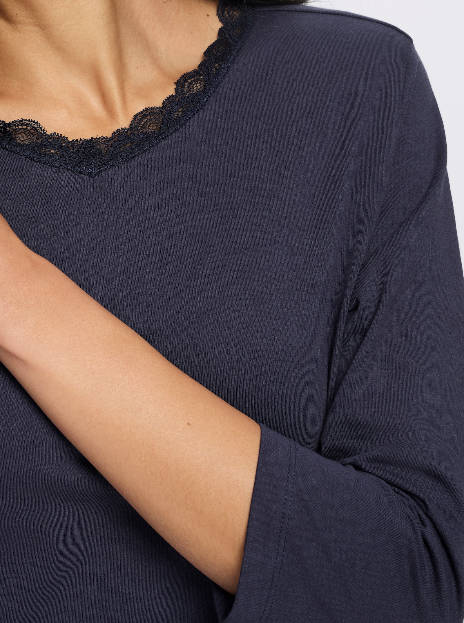 3/4-Arm-Shirt mit Spitze am Ausschnitt - marine