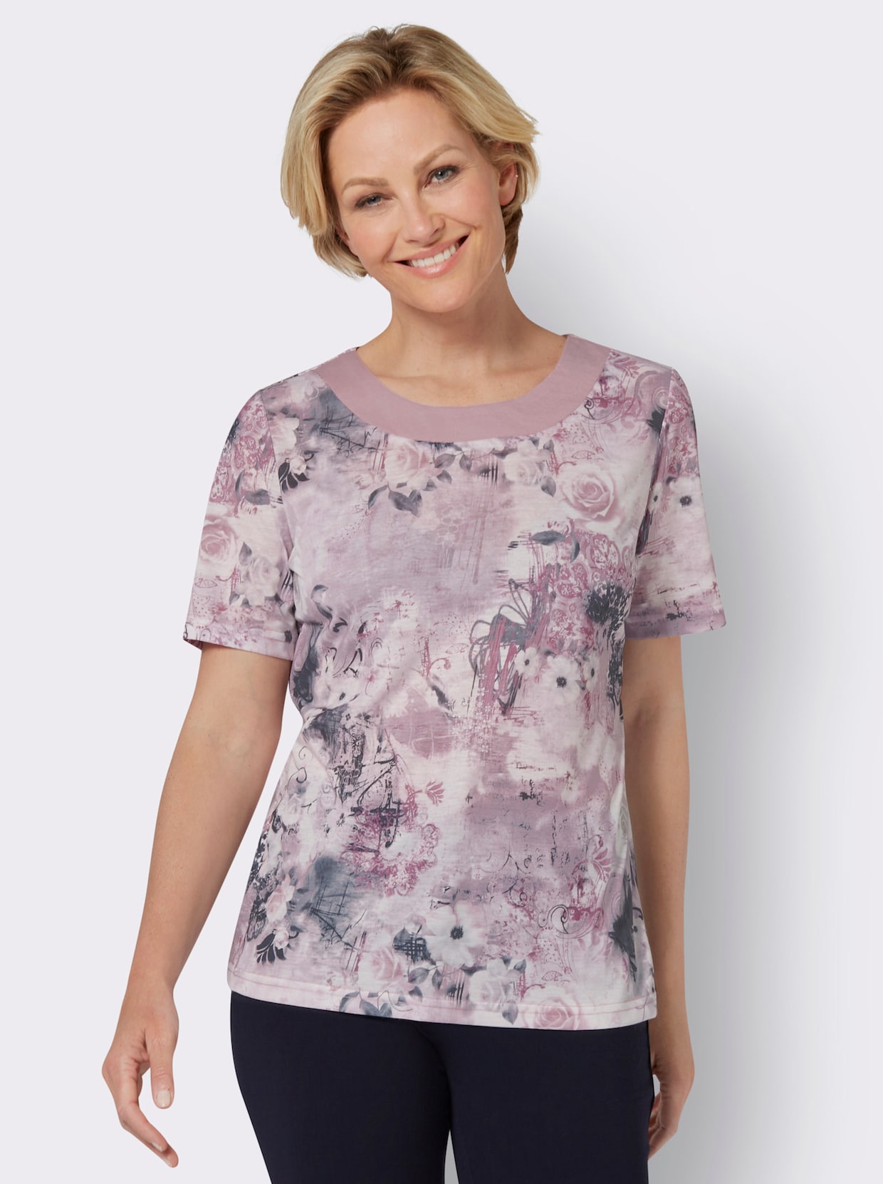 Kurzarm-Shirt - mauve-steingrau-bedruckt